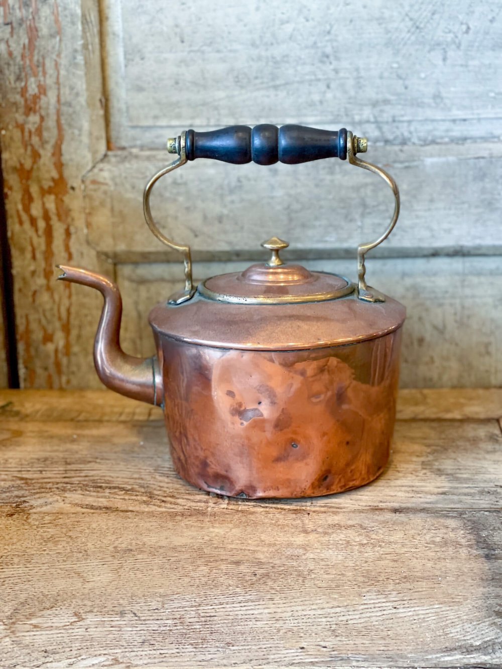 Vintage Copper Tea Kettle W/ Spout Plug Hand Painted Blue and White Ceramic  Handles Farm House Rustic French Decor Active 