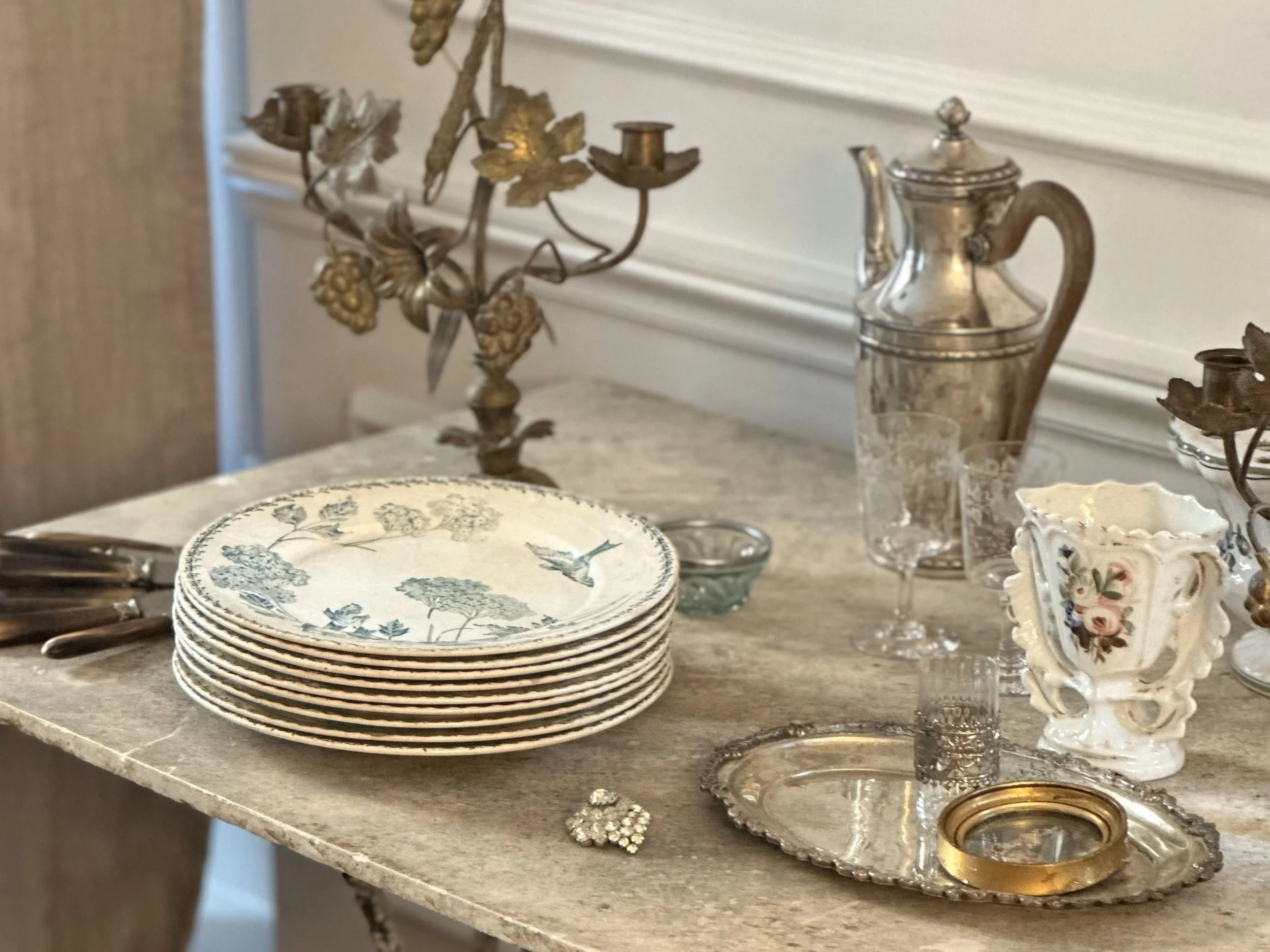 antique french ironstone terre de fer plates silver tray tole candelabra porcelain wedding vase