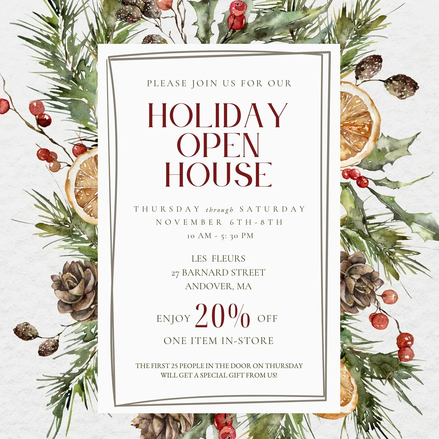 You&rsquo;re invited!! Come celebrate at Les Fleurs for our Holiday Open House from November 6th to November 8th 🎄

You&rsquo;ll get to discover a full reveal of our Winter Collection and enjoy 20% one item in-store! 

We also have a special treat f