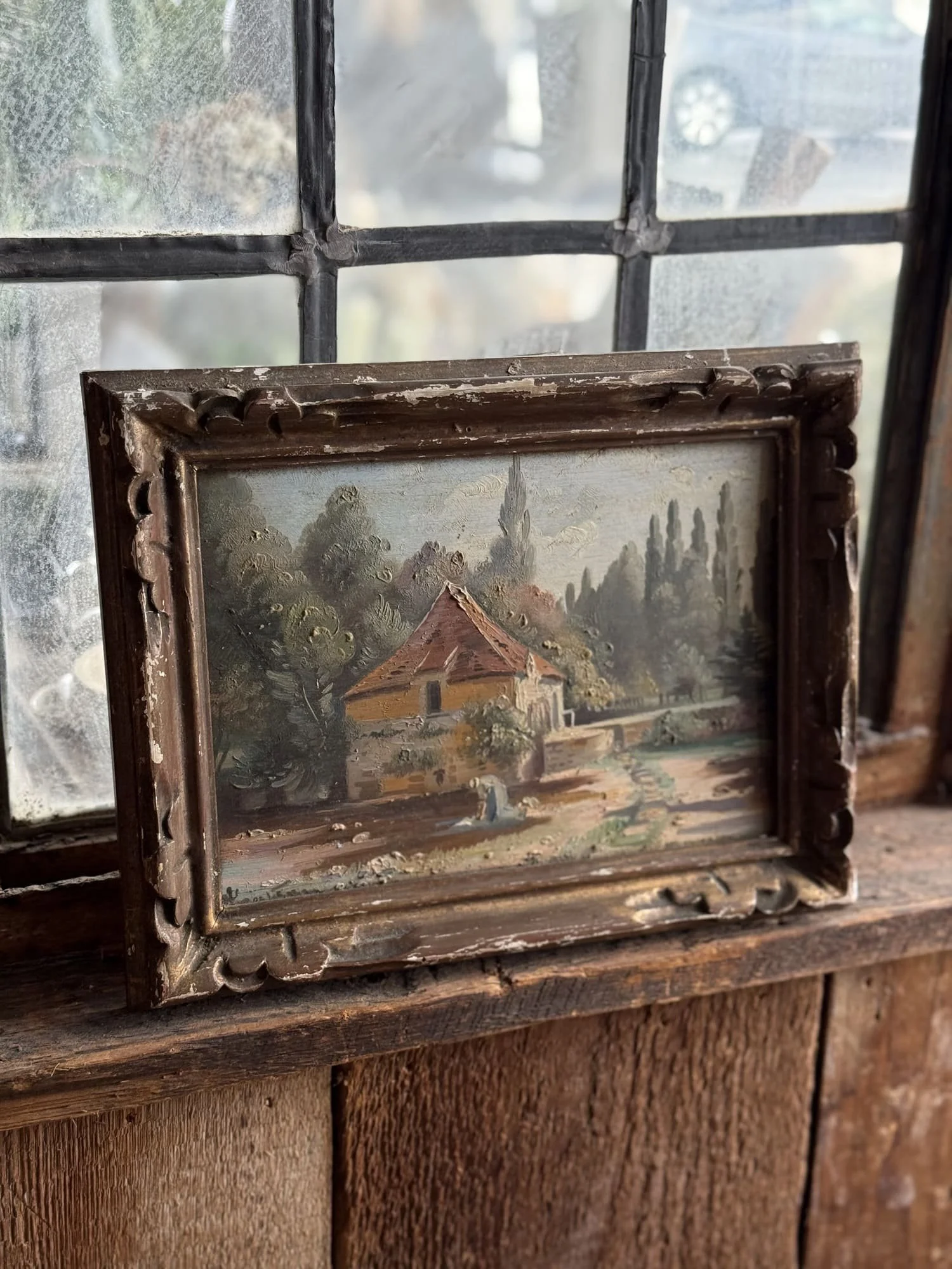 Antique Country Cottage Garden Oil Painting in a Carved Wood Frame - Artist Signed