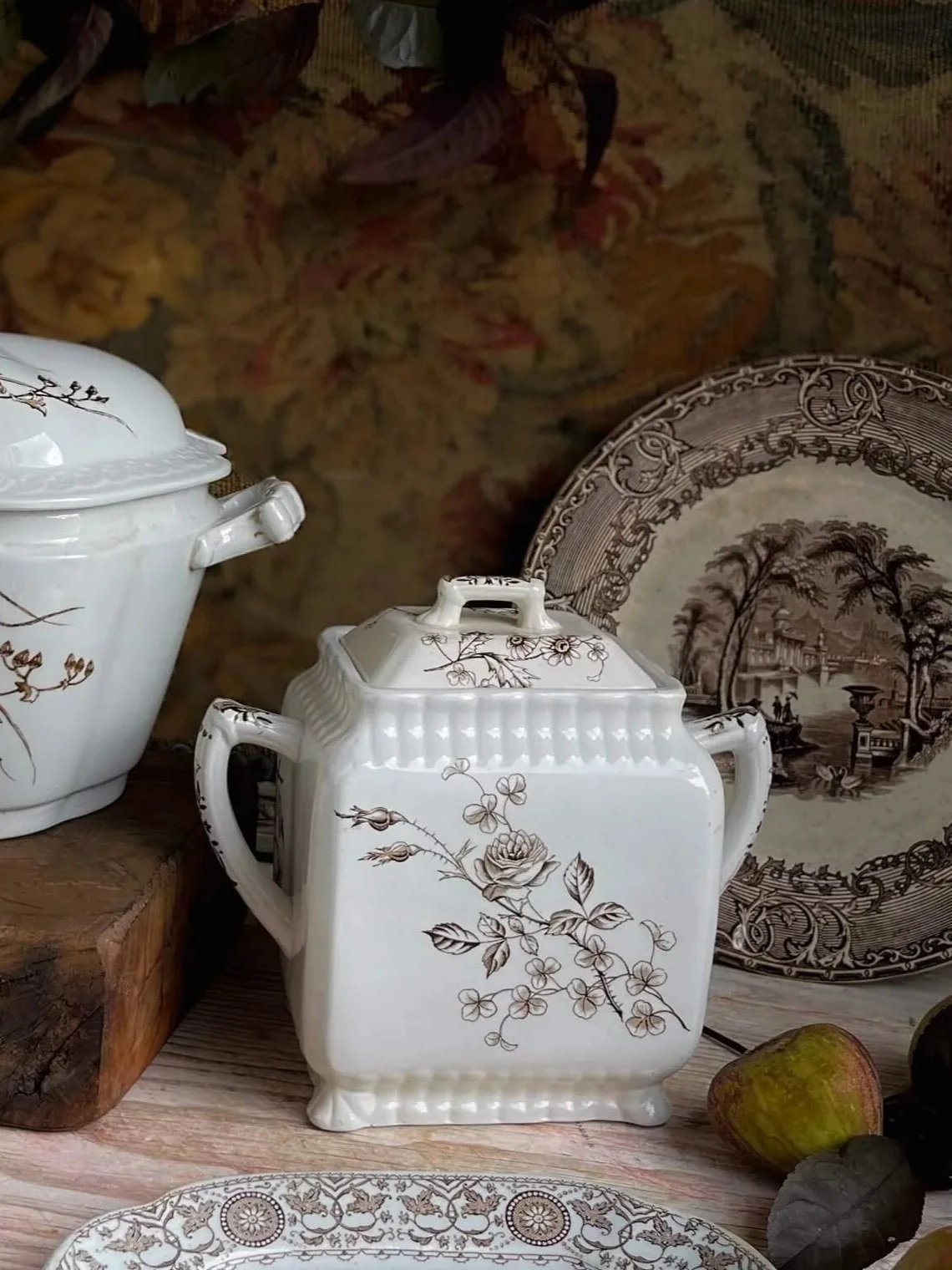 antique-brown-transferware-serving-dishes-tureen-sugar-creamer-platter.jpg