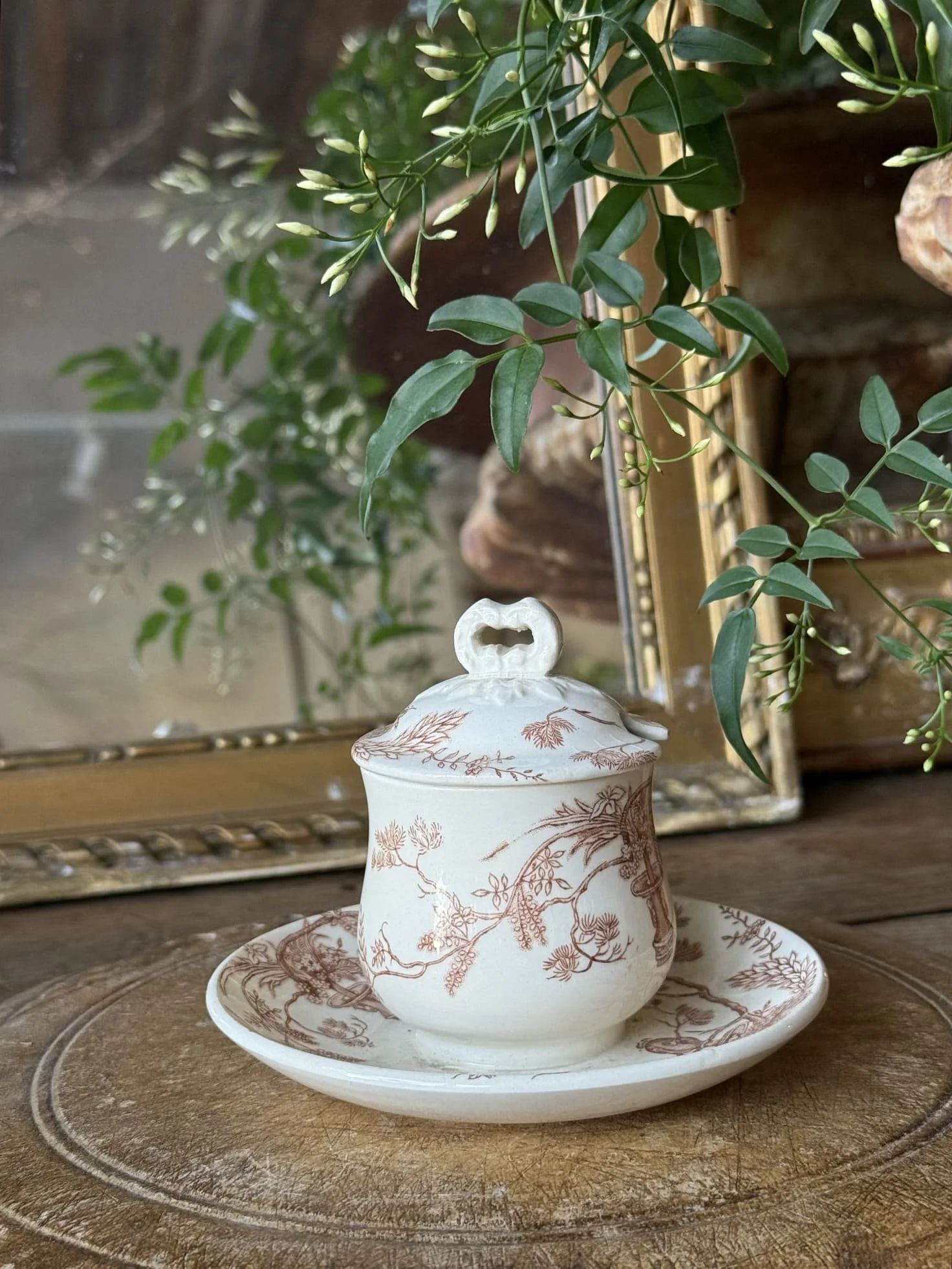 Vintage French Terre de Fer Gien Faience Brown Transferware Jam Pot