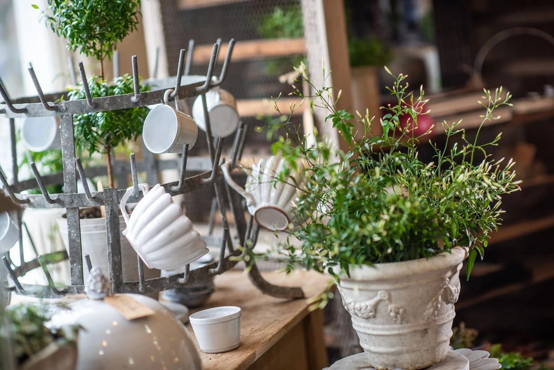vintage-bottle dryer hanging pottery mugs