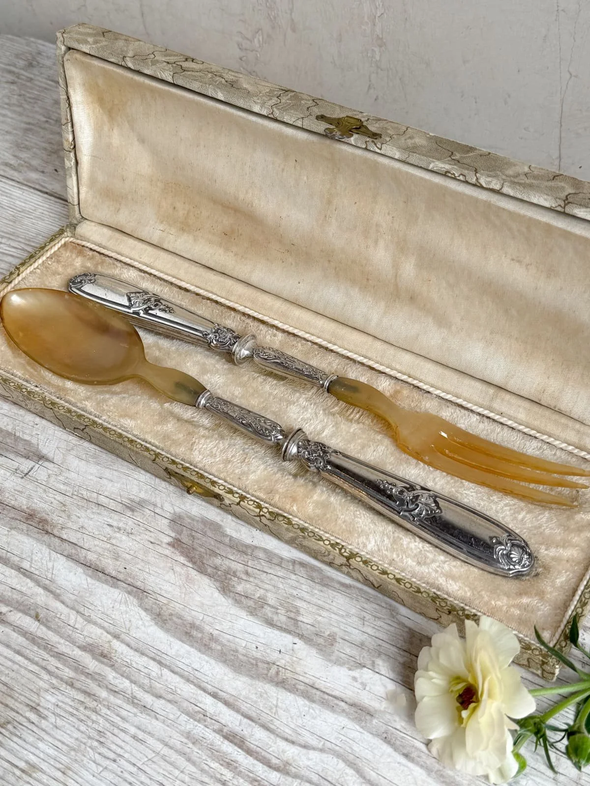 French Art Deco Horn and Silver Plate Salad Servers