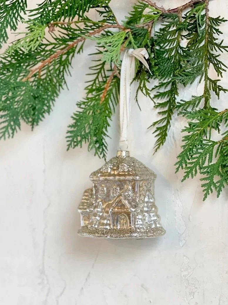 Handpainted Mercury Glass House Ornament with Silver Glitter