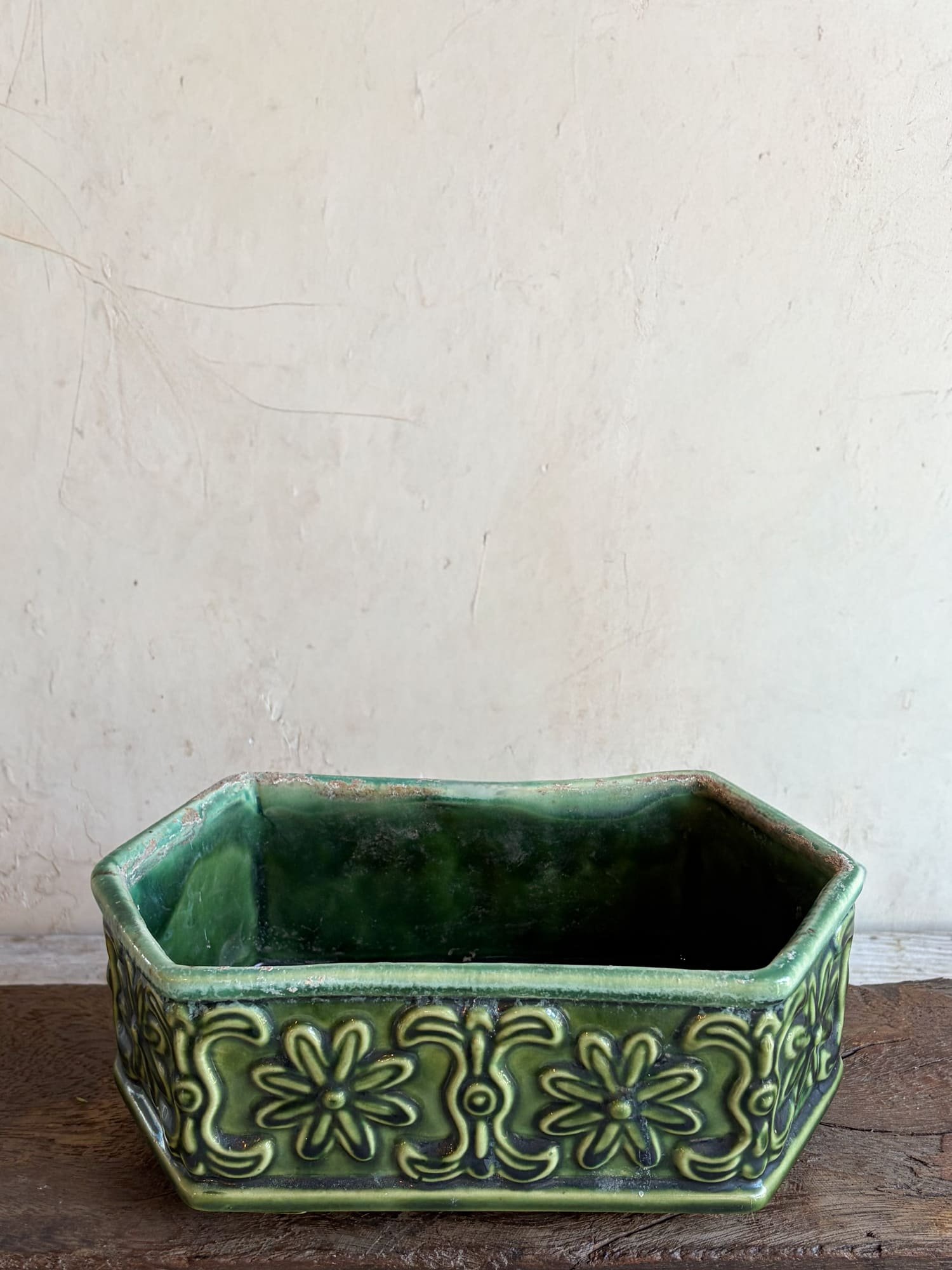 Retro Shaps Vintage Art Deco Green Majolica Glaze Ceramic Jardiniere Planters