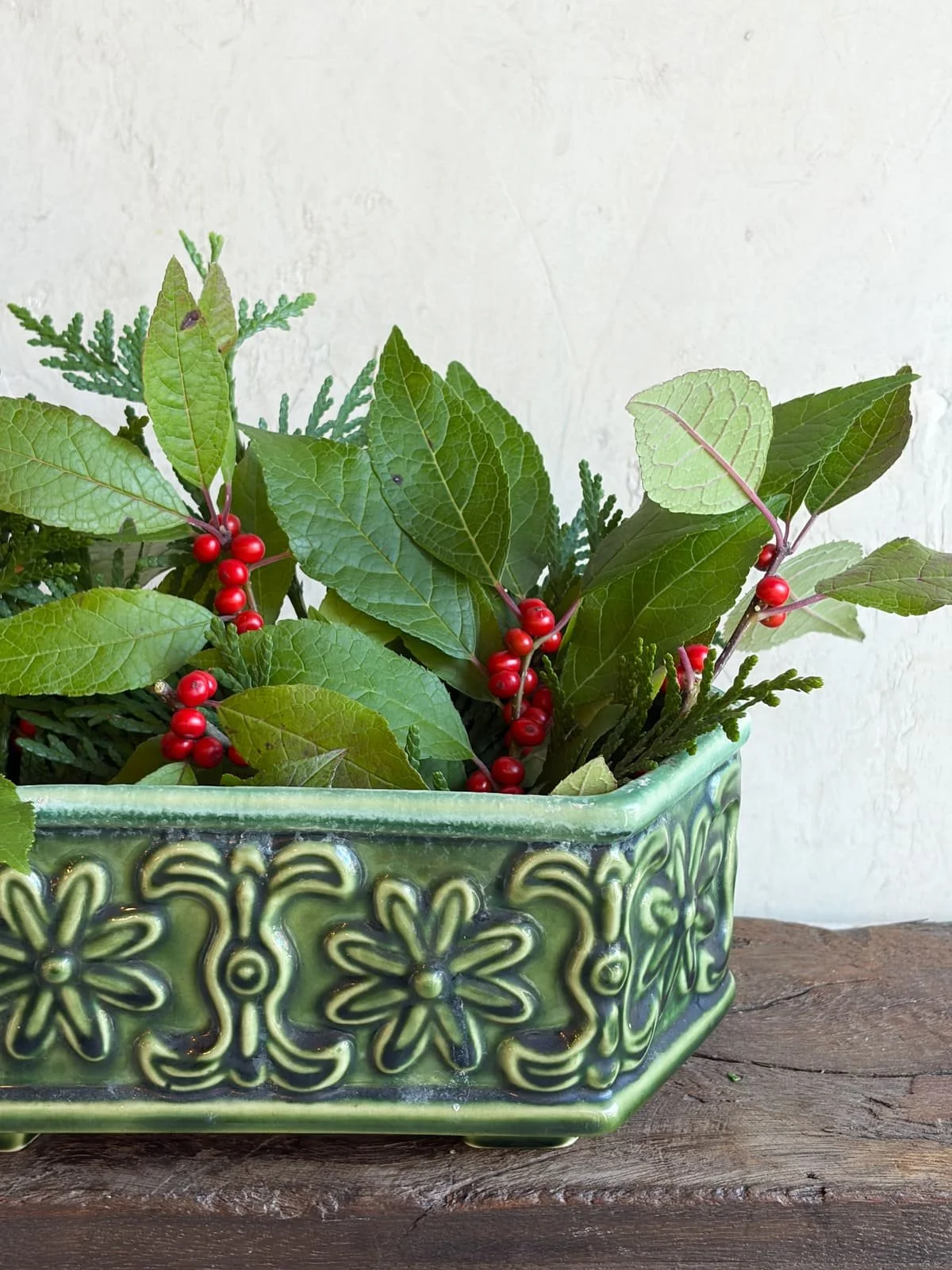 vintage-green-majolica-ceramic-planter-floral-hexagon (3).jpg