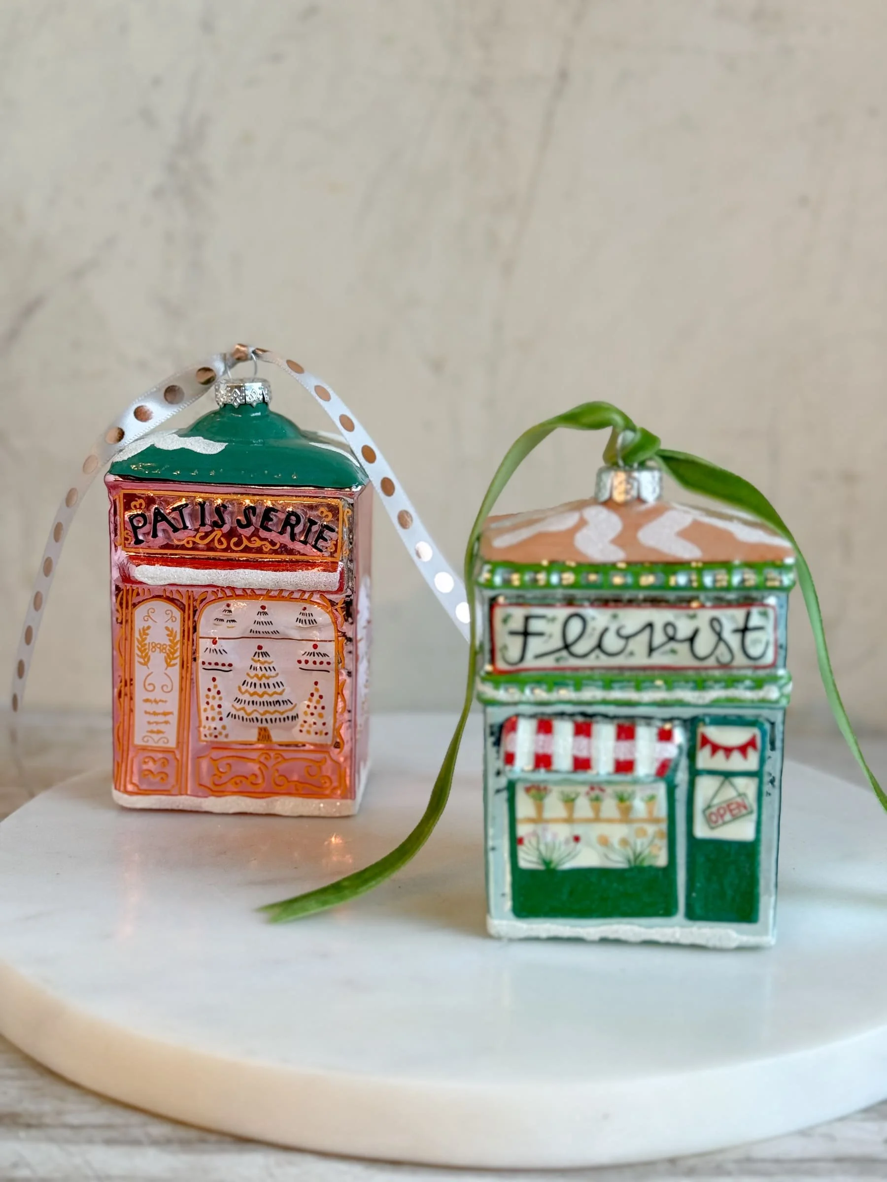 French Shop Ornaments - Metallic Pink Hand Painted Mercury Glass | Florist & Bakery