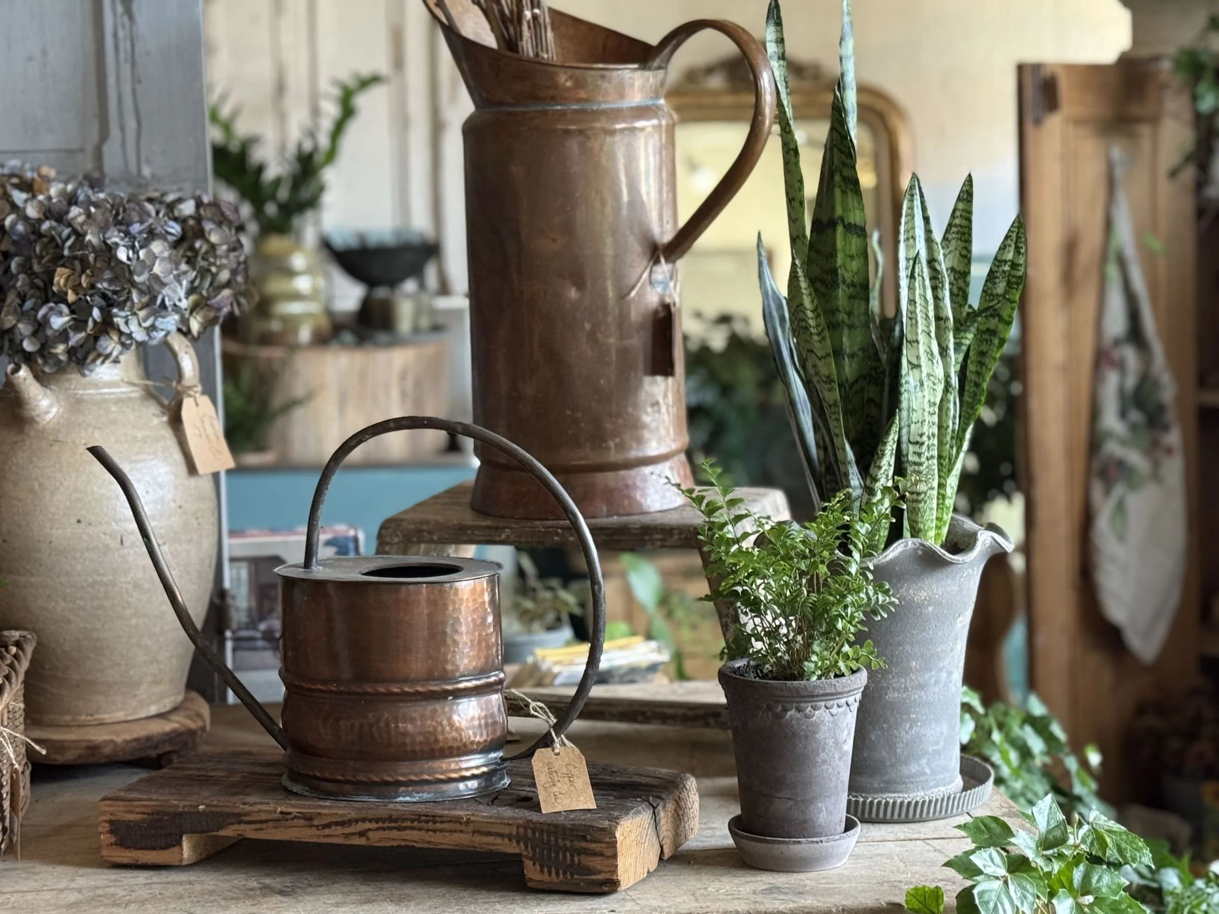 copper watering cans handmade pottery plant pots stoneware oil jug