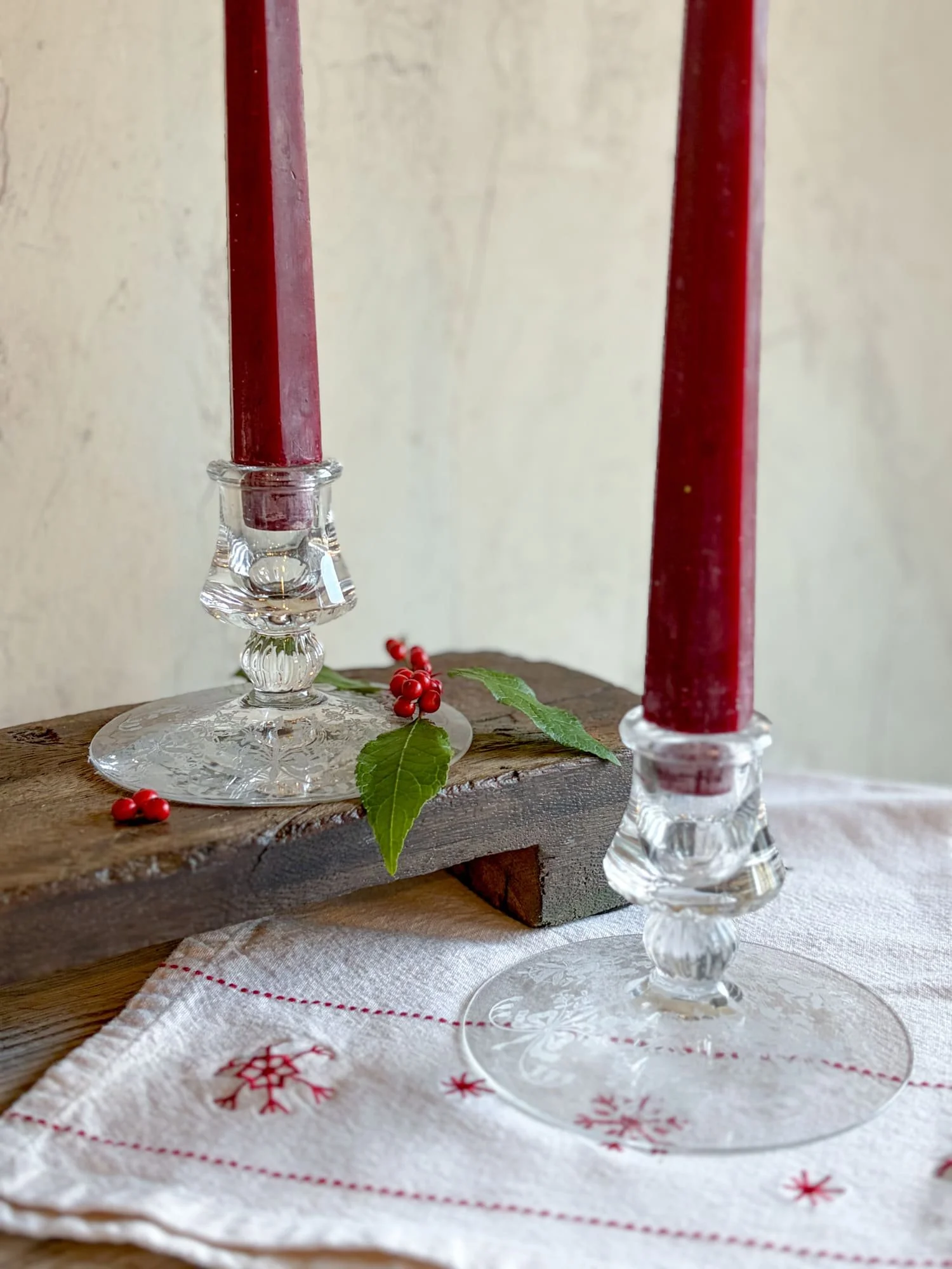 Vintage Etched Glass Candle Holders Pair - Florals & Crests