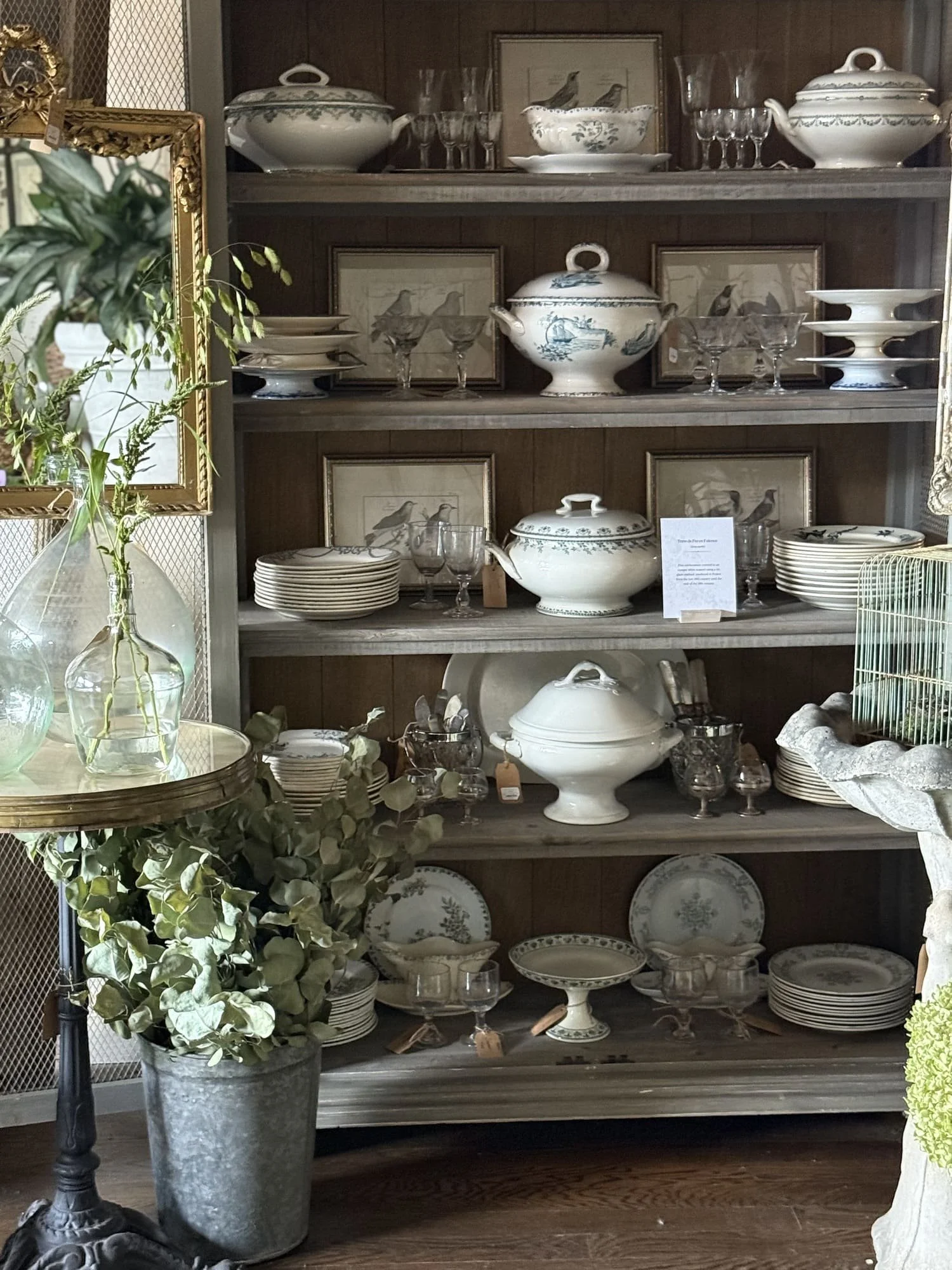 old cabinet with white ironstone tureens terre de fer french ironstone dishes