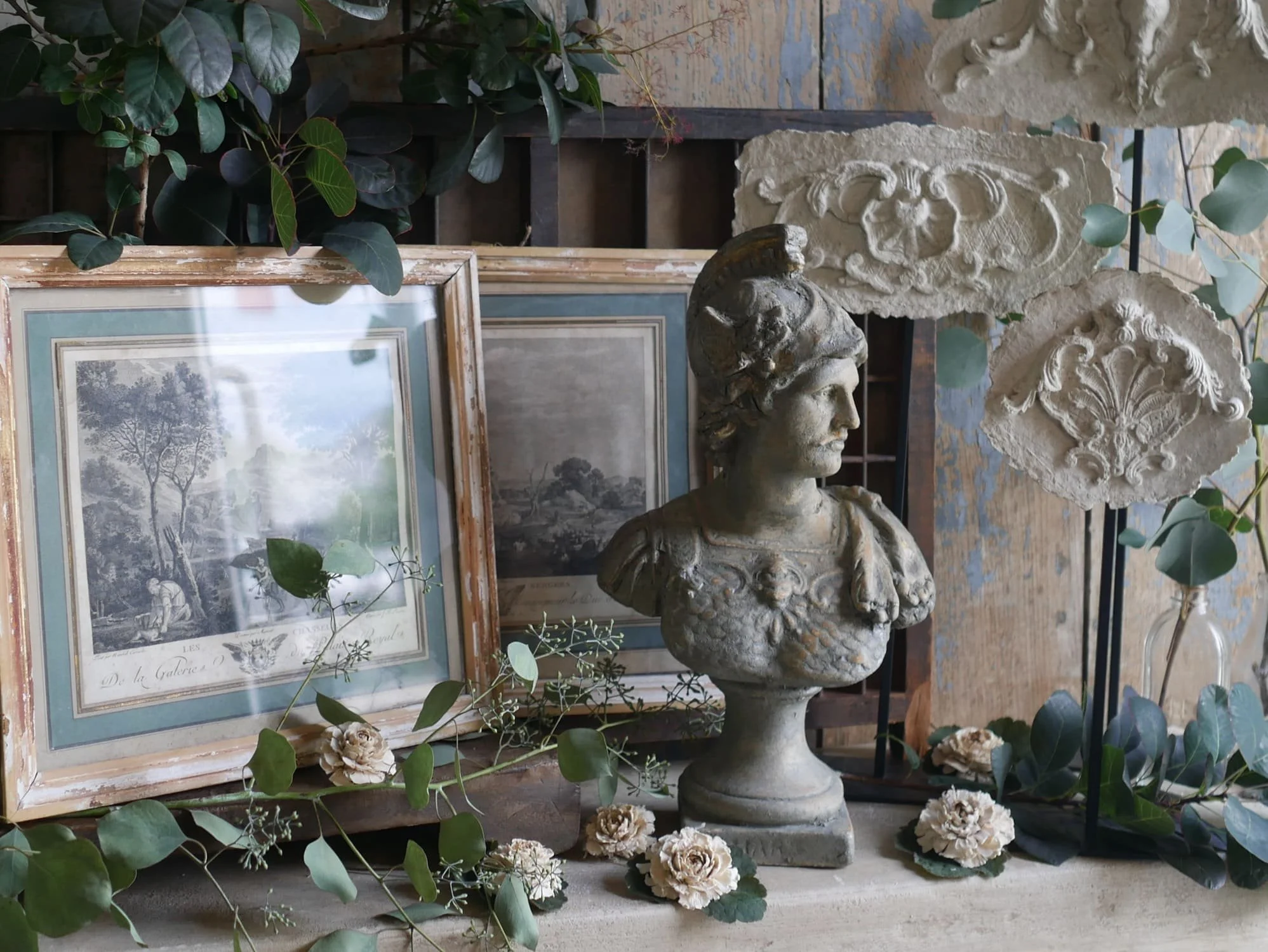 french antiques sculpture warrior bust statue framed engravings