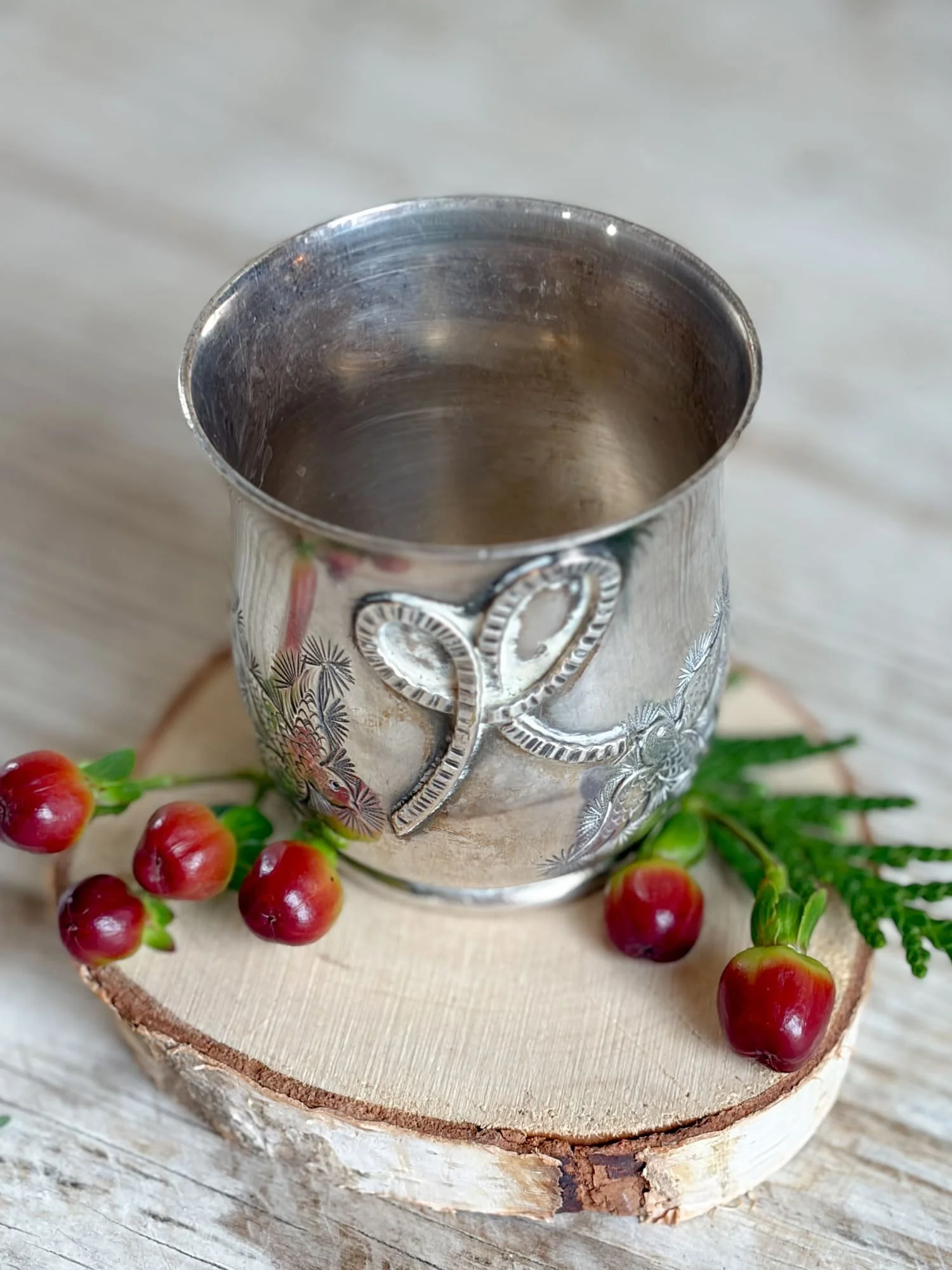 Antique French Silver Plated Ribbon & Bird Wine Tumbler / Baby Christening Cup