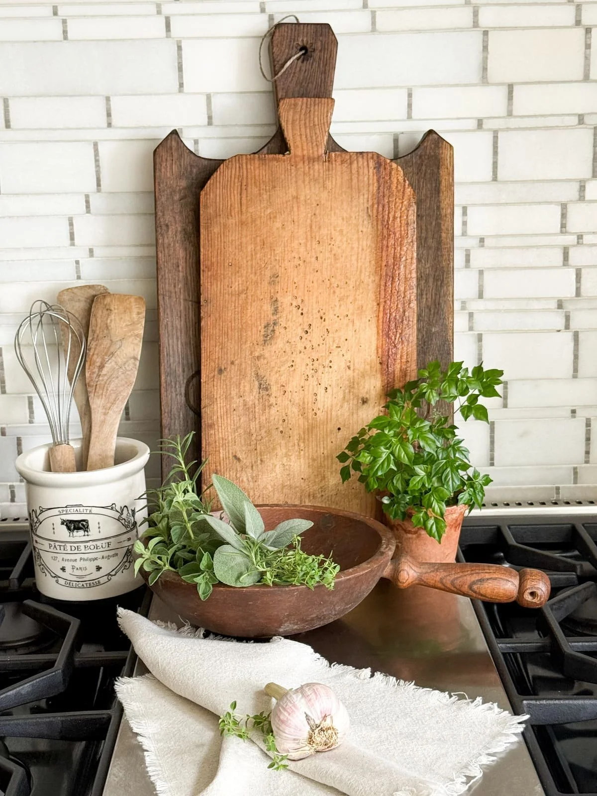 primitive-wooden-bowl-turned-handle-breadboard-mustard-crock-french-kitchen.jpeg