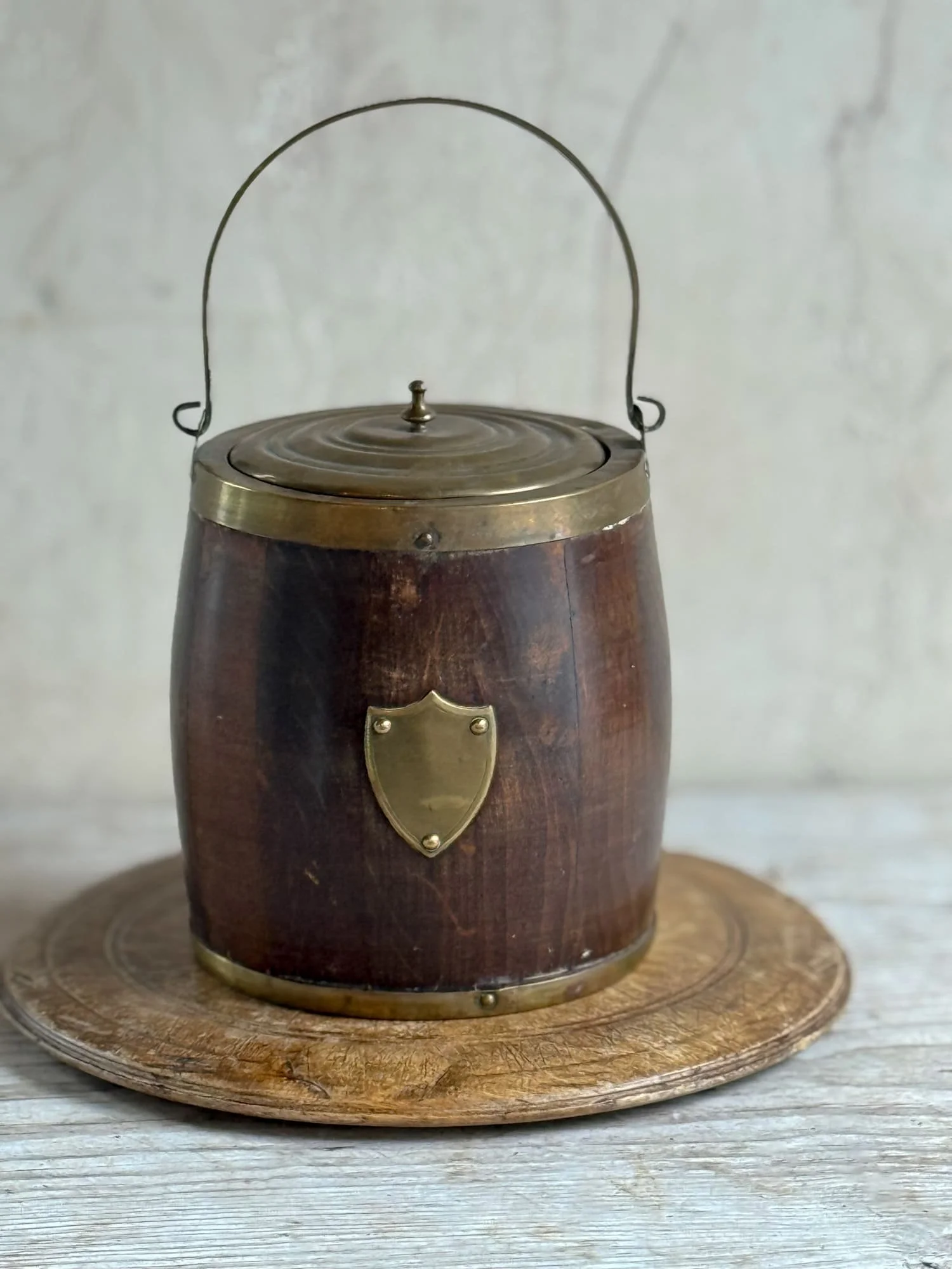 Vintage Oak Biscuit Barrel wiith Brass Trim and Porcelain Liner From France