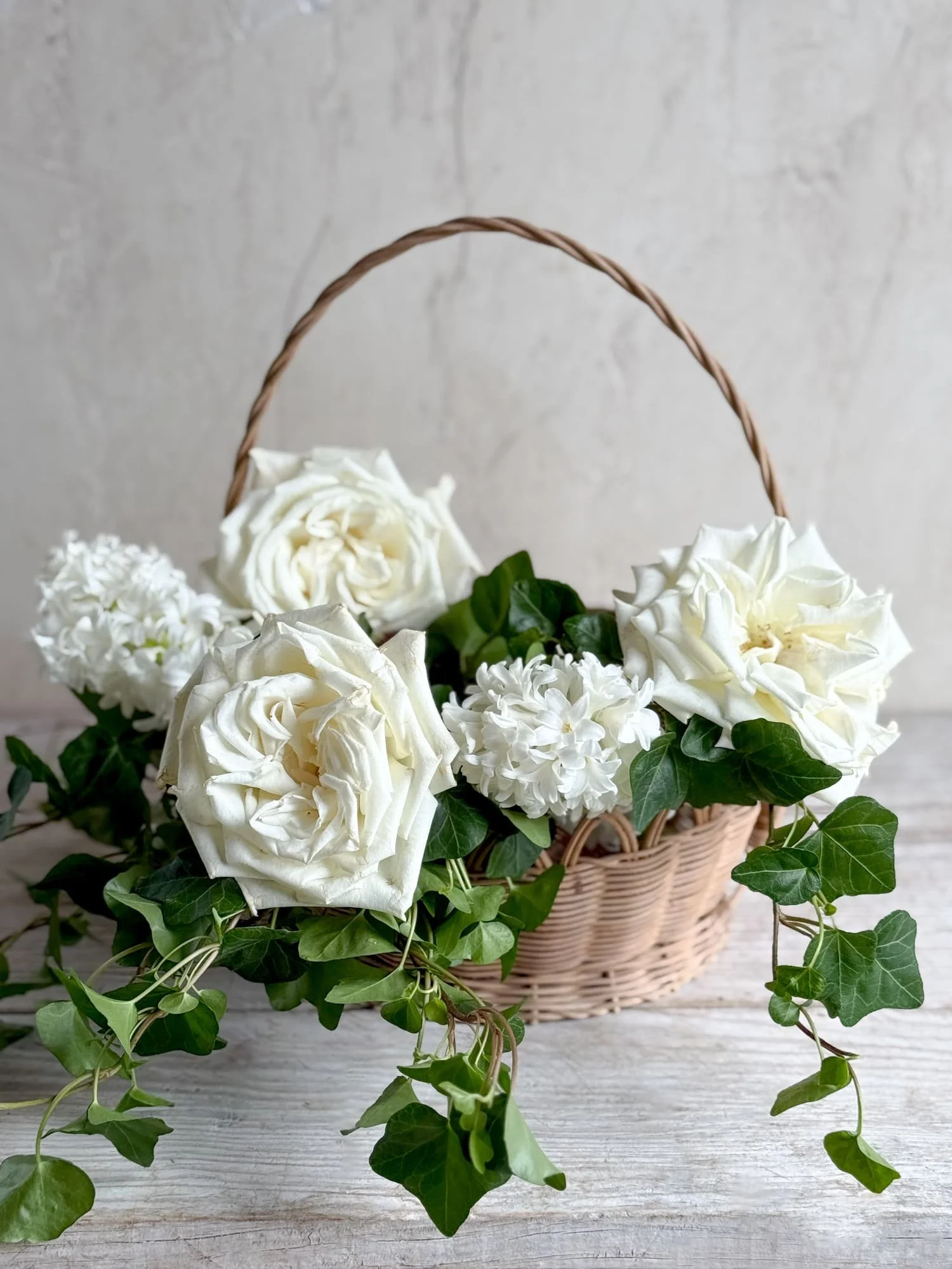 Round Vintage Rattan Basket with Tall Handle | French Country Kitchen Basket