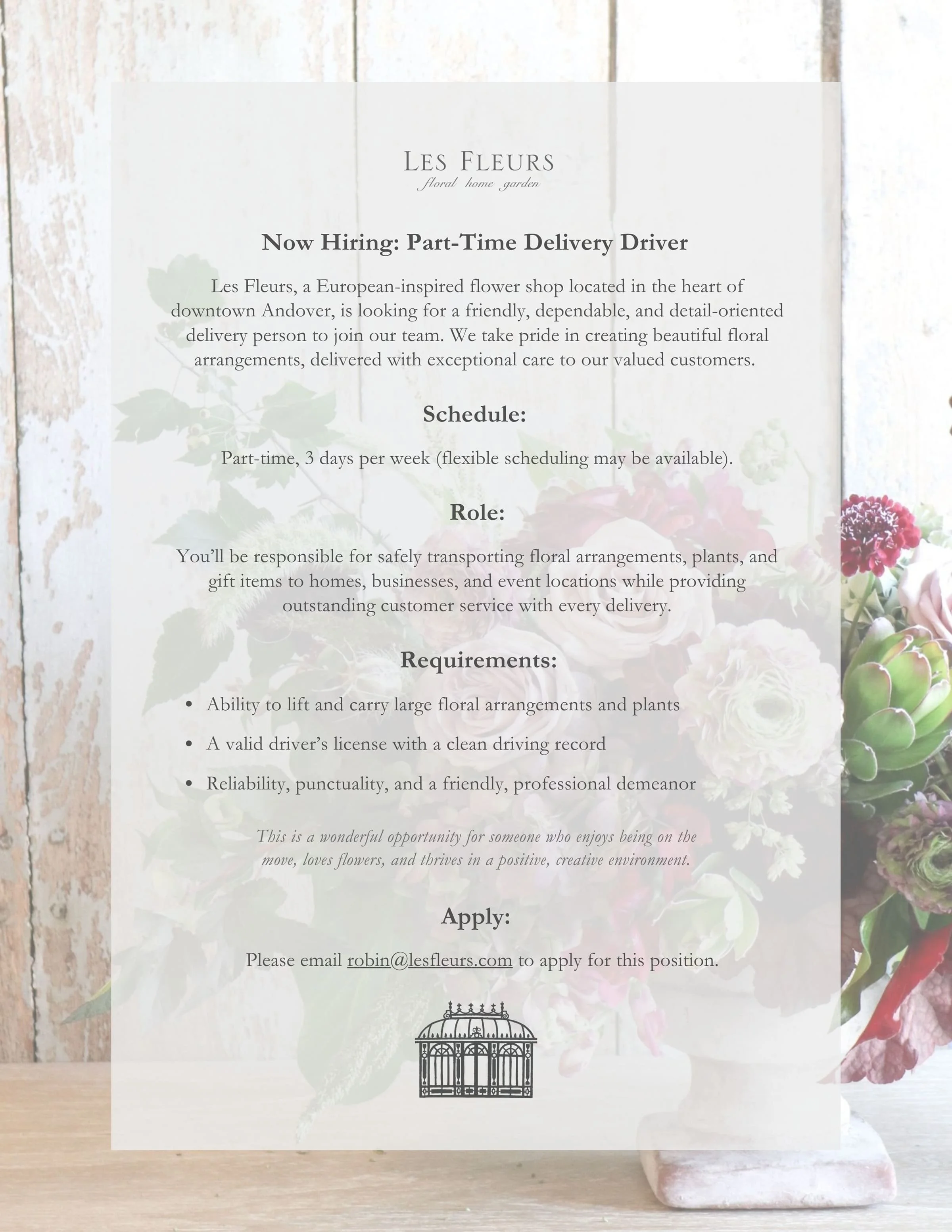delivery driver job posting les fleurs florist andover ma