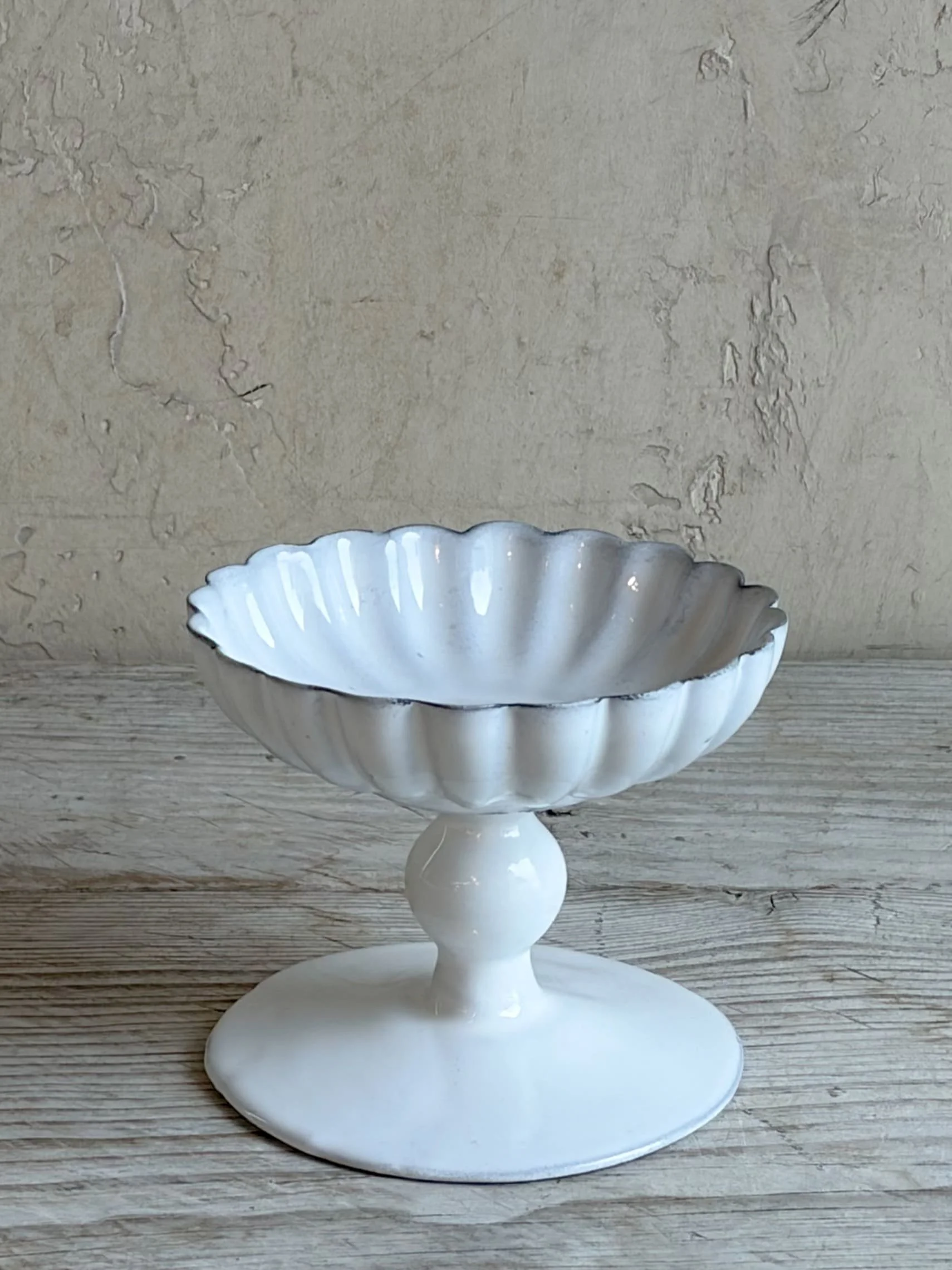 Reves d'Argile Ceramic Melon Ribbed Compote Bowl | White Majolica Glazed Provence Pottery