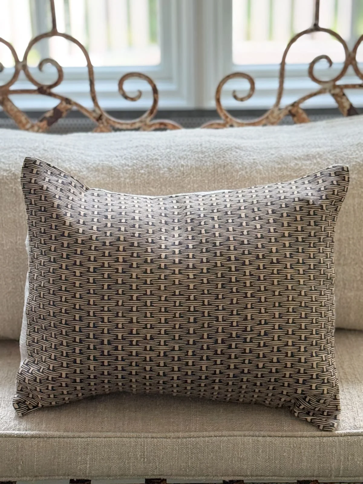 Antoinette Poisson French Linen Throw Pillow - Domino Print 18B Osier - Wicker