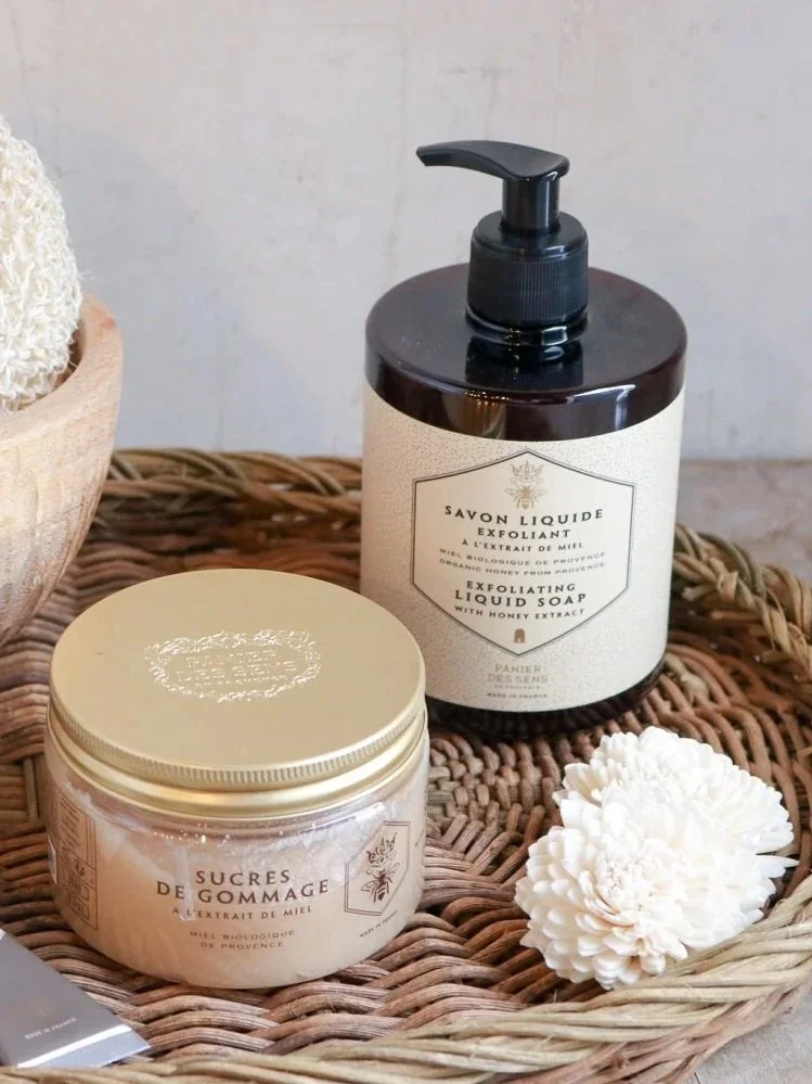 panier-de-sens-french-bath-body-products-provence-france-honey-sugar-exfoliant-bath-shower-scrub-liquid-soap-hand-cream-les-fleurs-andover