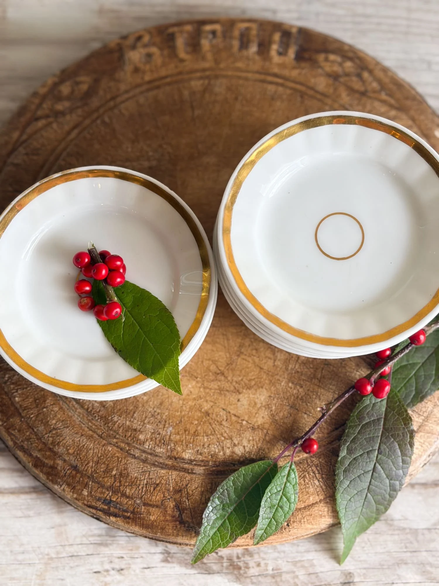 Vintage White Ironstone Butter Pat Dishes with Gold Rim - Set of 2