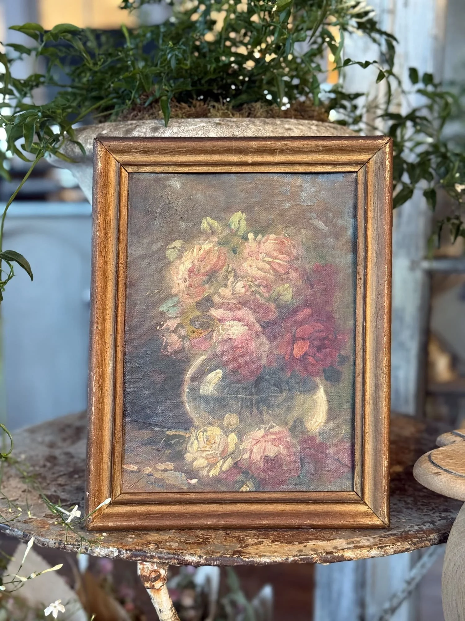 Vintage French Oil on Canvas Floral Still Life Painting in Gilt Wood Frame
