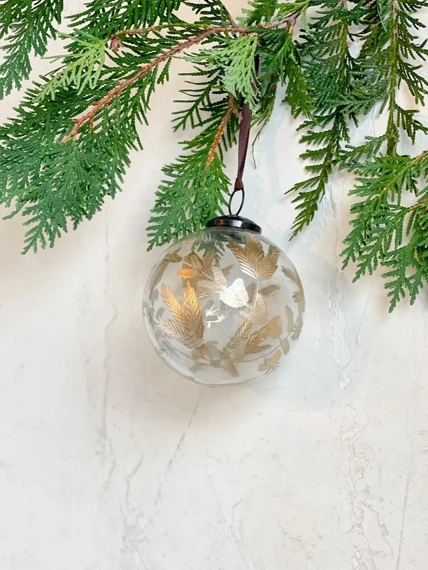 Hand-painted Etched Glass Globe Ornaments with Gold Leaf Designs