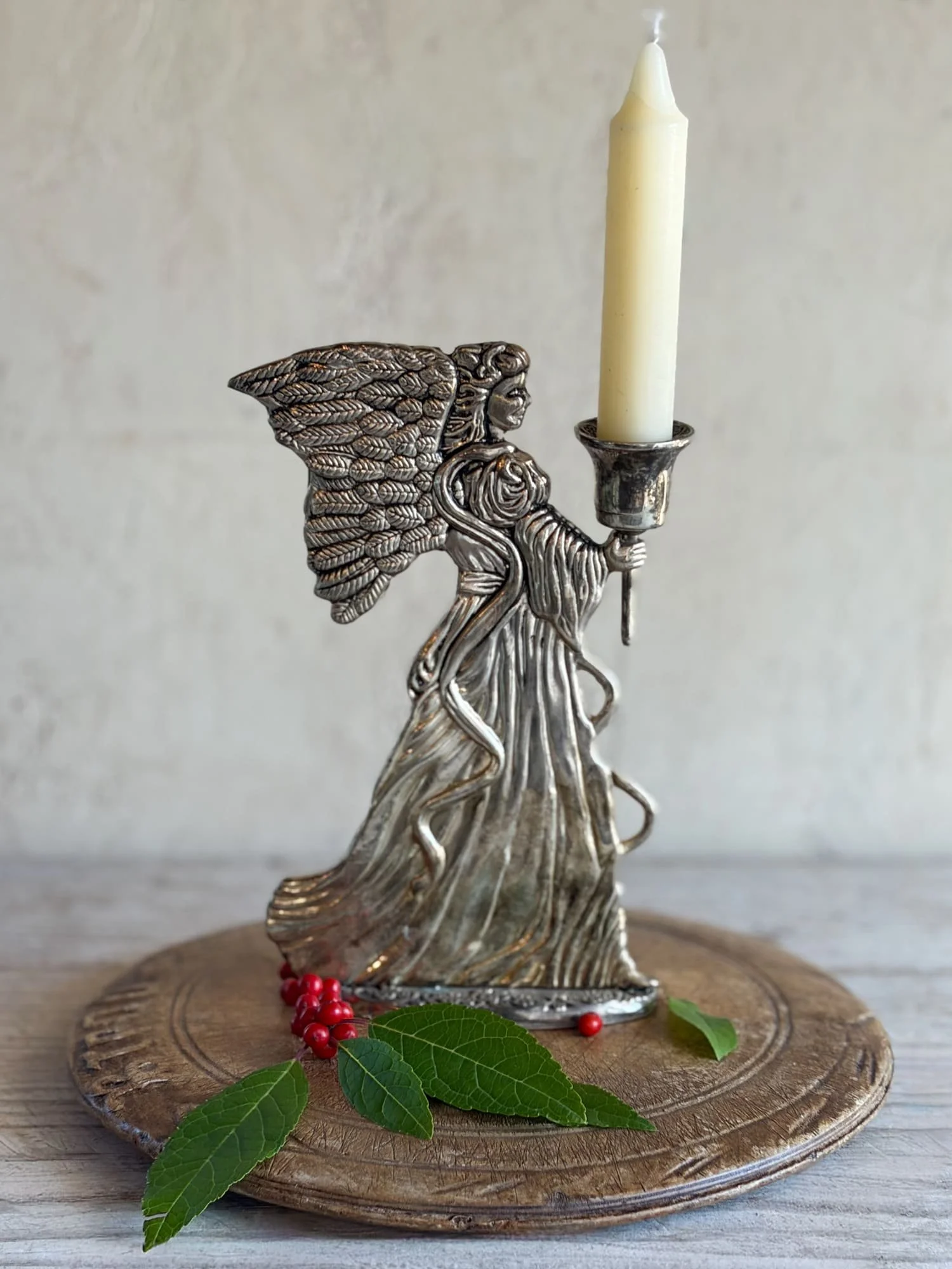 Vintage Pewter Winged Angel Candlestick | Taper Candle Holder Holiday Decor