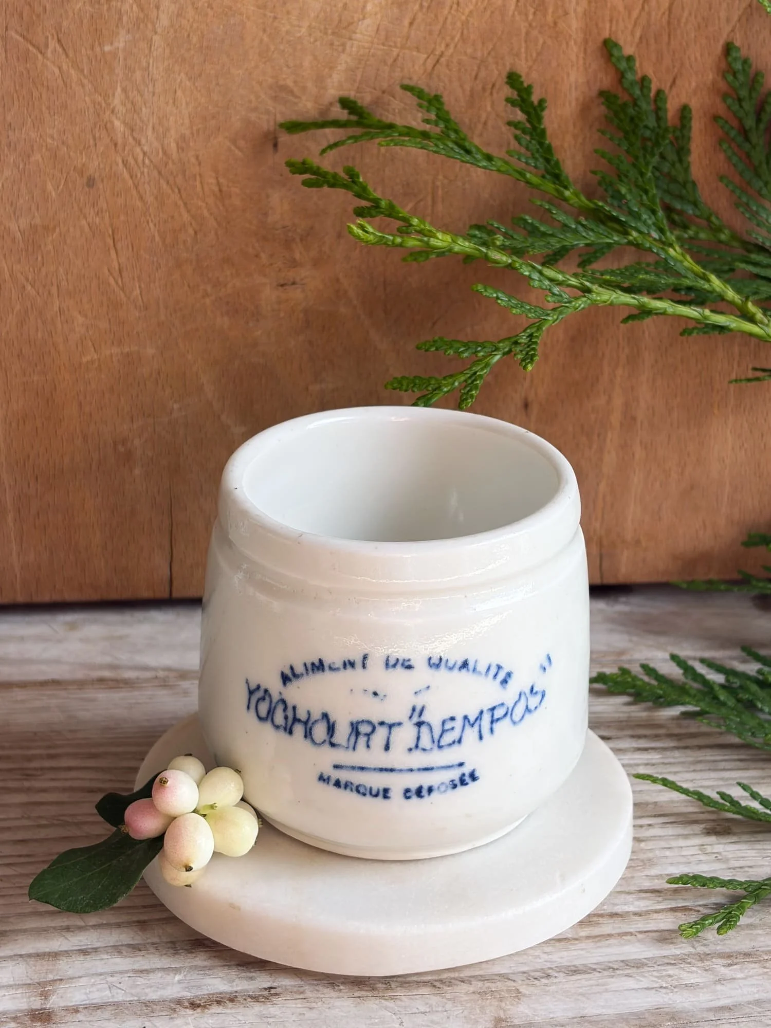Authentic Vintage French Ironstone Yogurt Pot with Cobalt Blue Writing