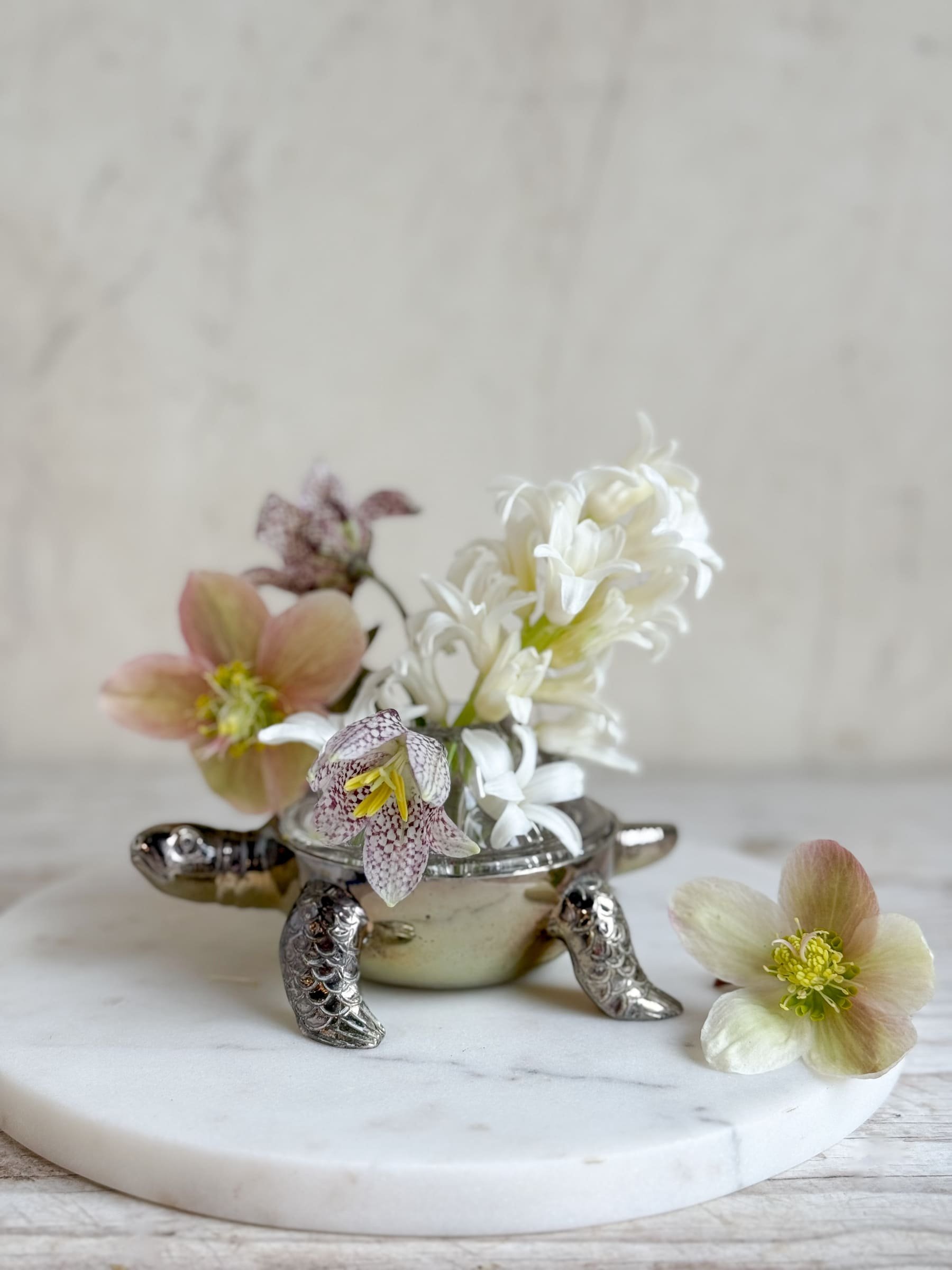 Vintage French Pique Fleur Floral Frog in Silver Turtle Bowl | Glass Flower Arranging Frog Vase