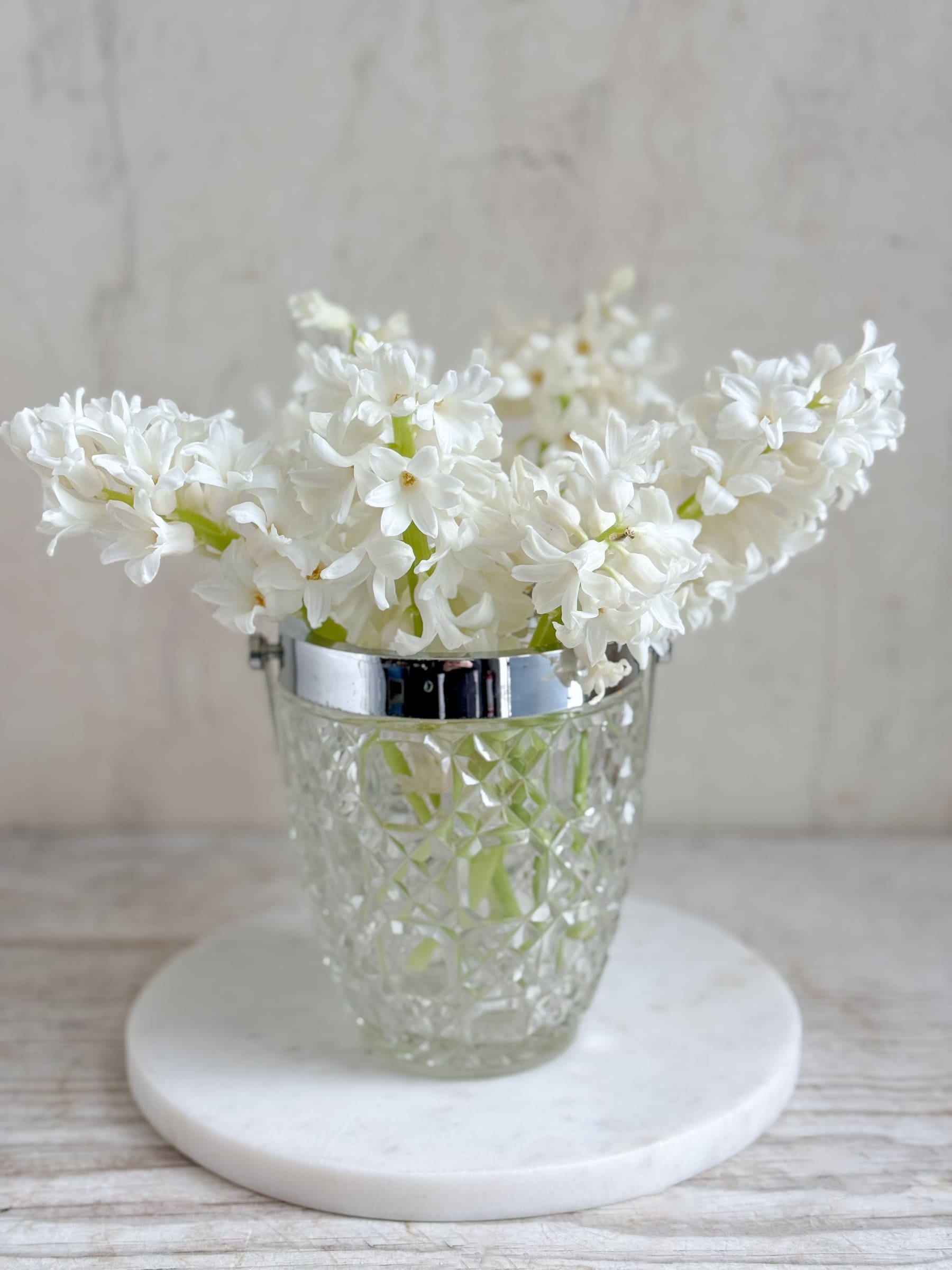 French Vintage Mid-Century Pressed Glass Ice Bucket with Stainless Steel & Glass Handles