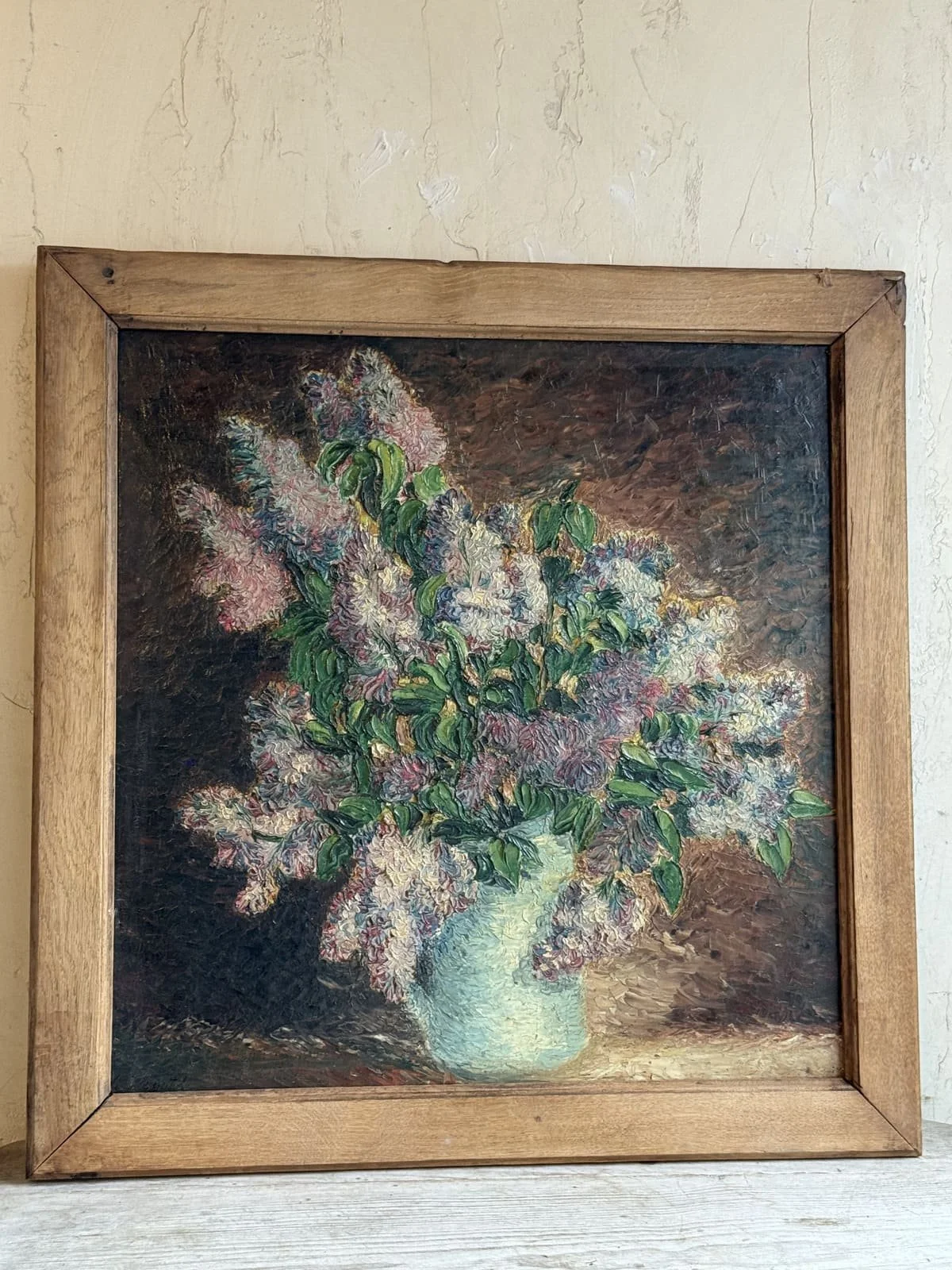 French Impressionist Style Still Life Oil Painting Lilacs in Turquoise Vase | Signed by Artist