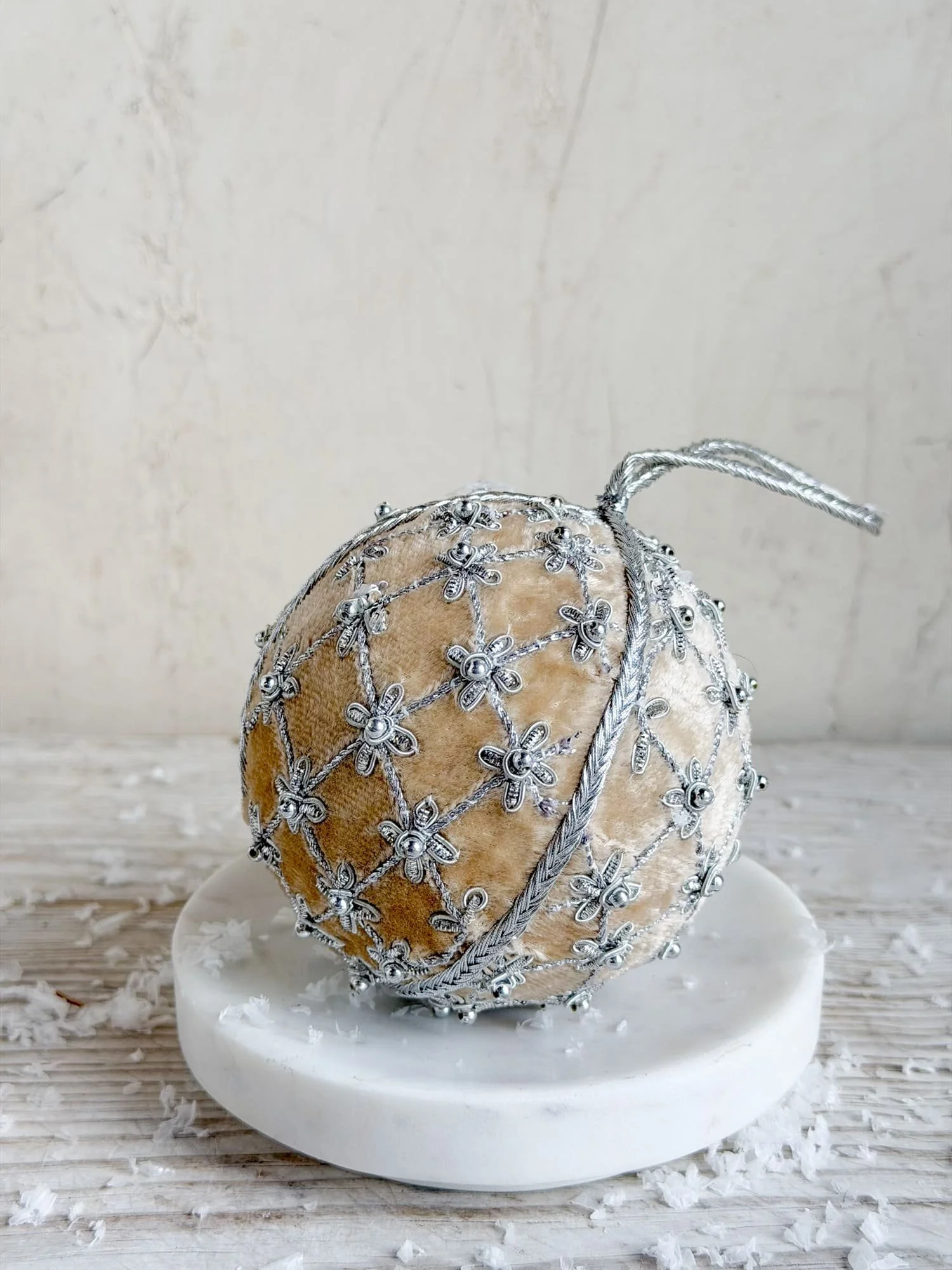 Ornate Handmade Velvet Silver Flower Lattice Ball Ornament