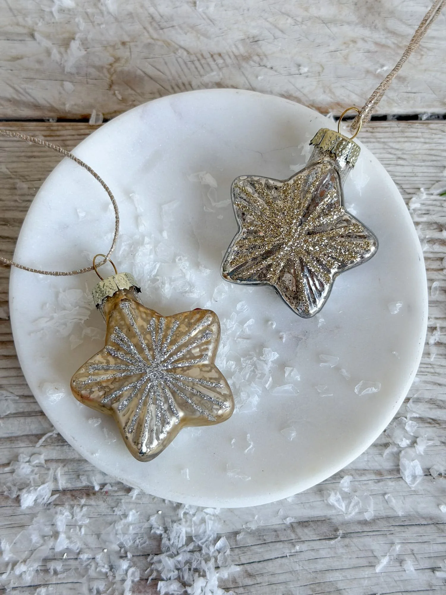 Silver and Gold Mercury Glass Star Ornaments with Glitter Rays