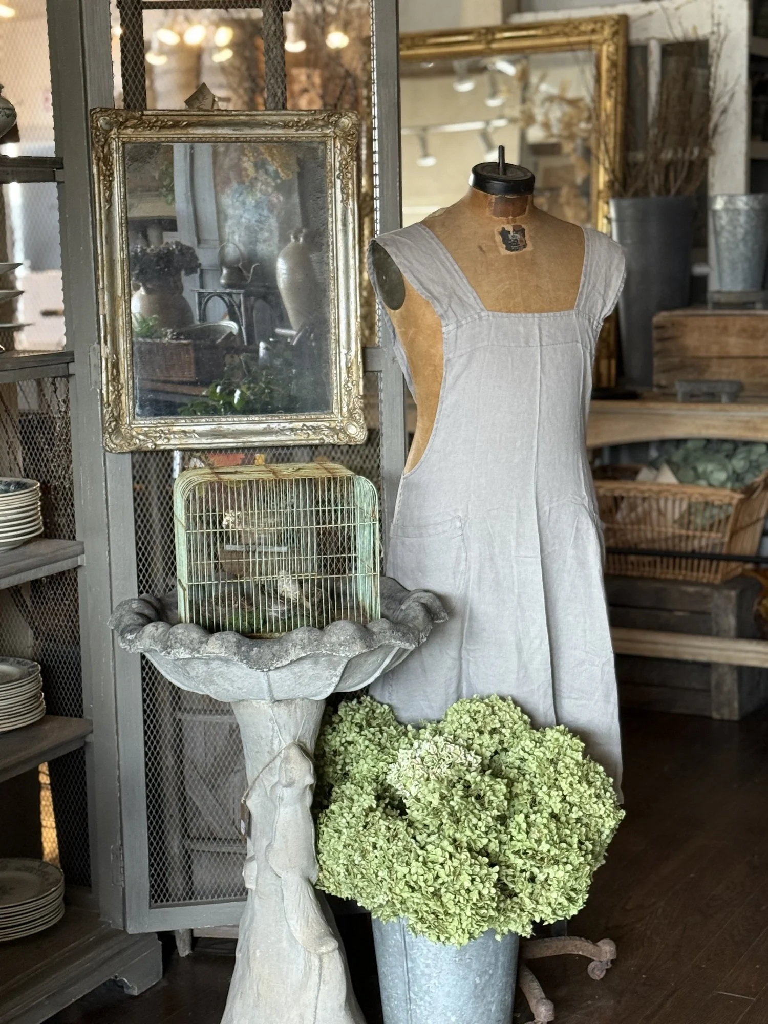 stone bird bath bird cage mannequin french mirror