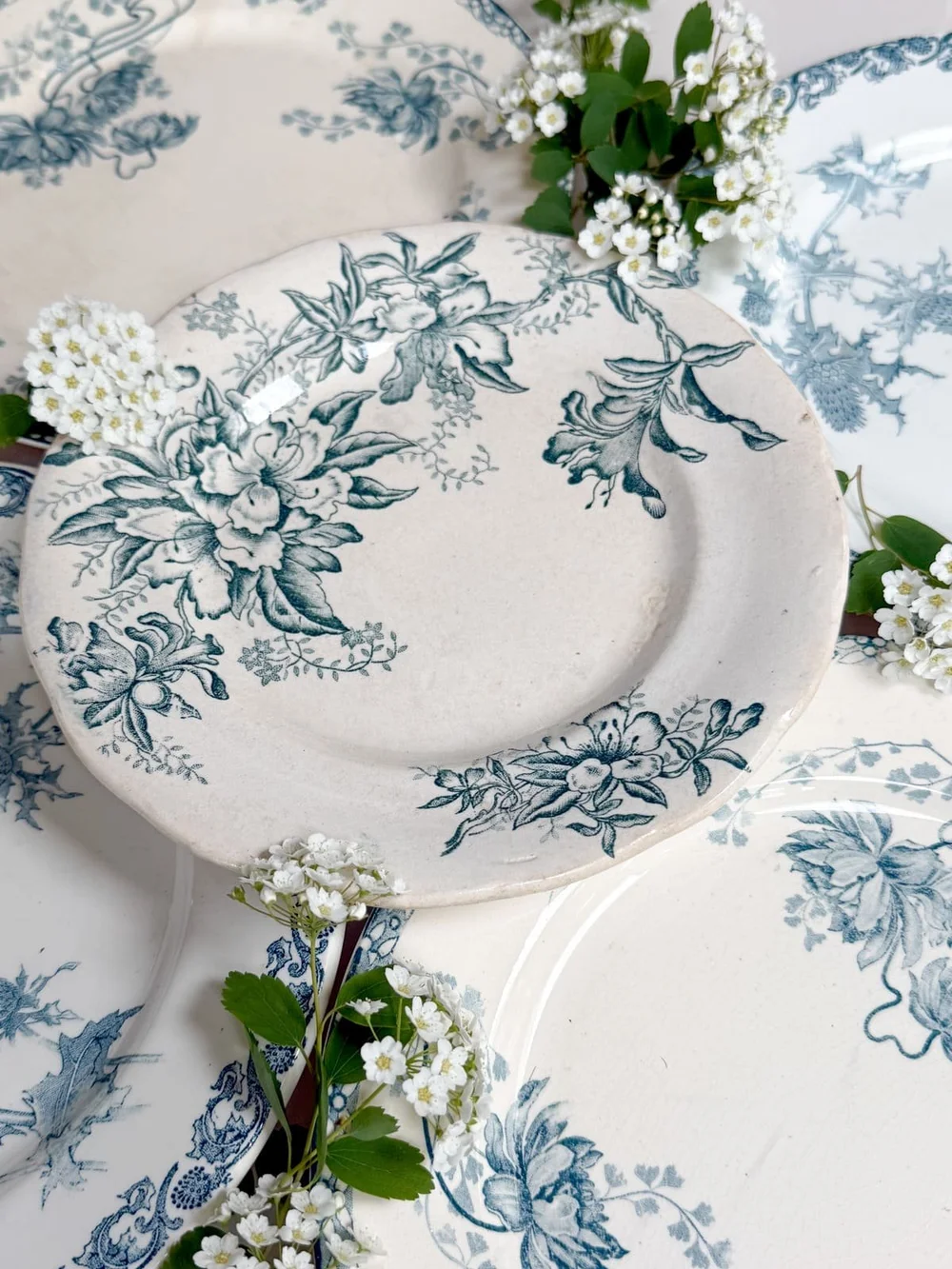 19th Century Antique French Ironstone Blue Floral Terre de Fer Plates