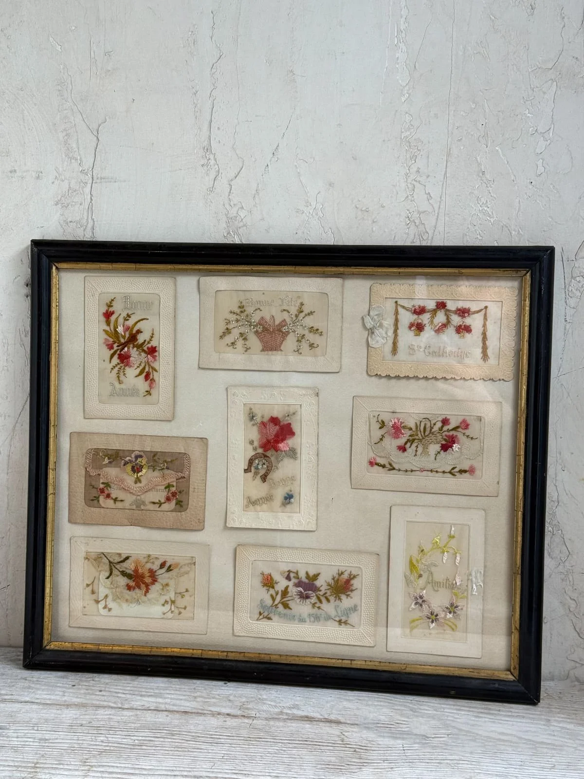 French Framed Vintage Embroidered Floral Cards