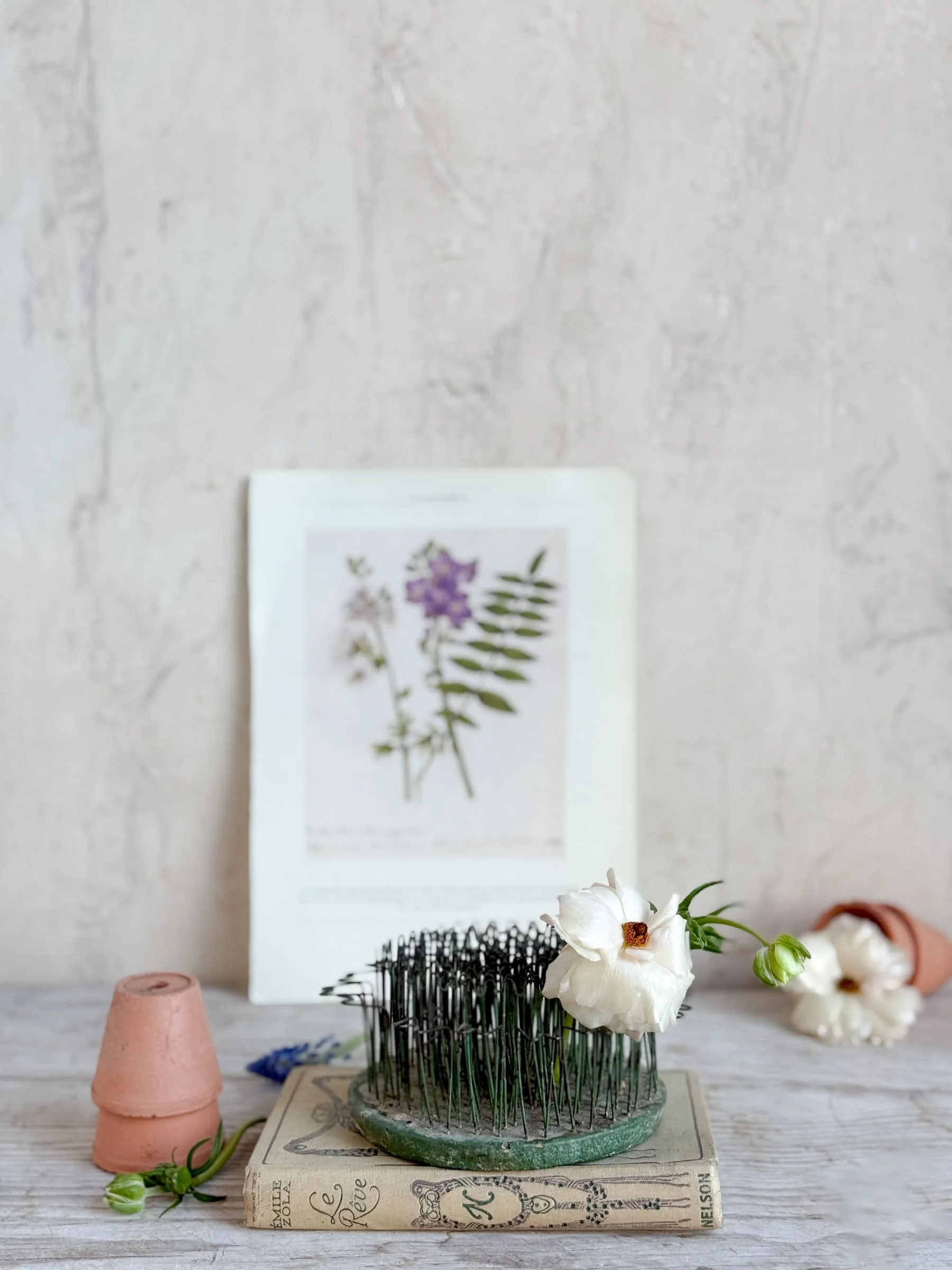 vintage hairpin flower frog terracotta pots