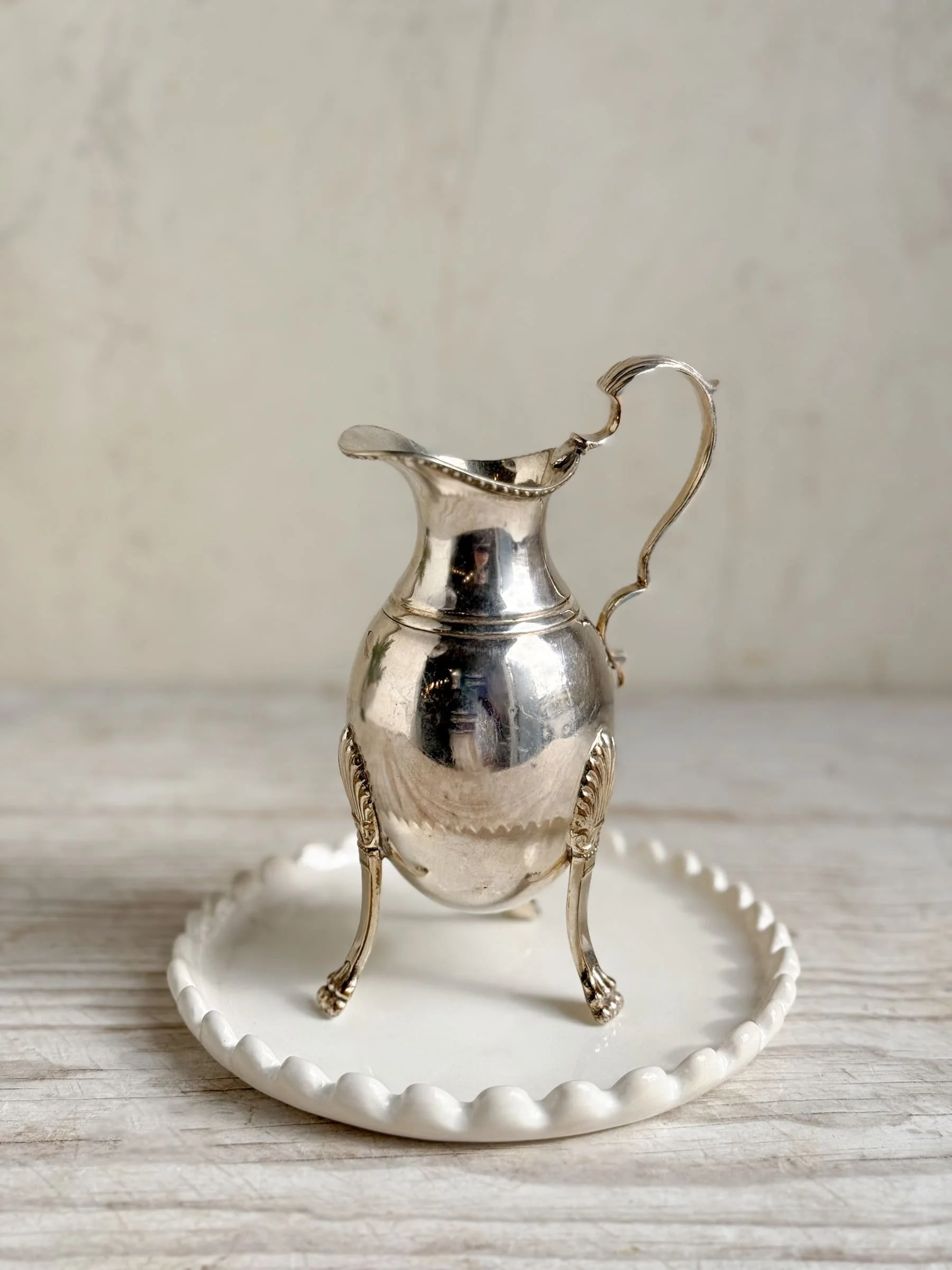 Vintage Silver Claw Footed Creamer |  Hallmarked Baluster Form Pitcher