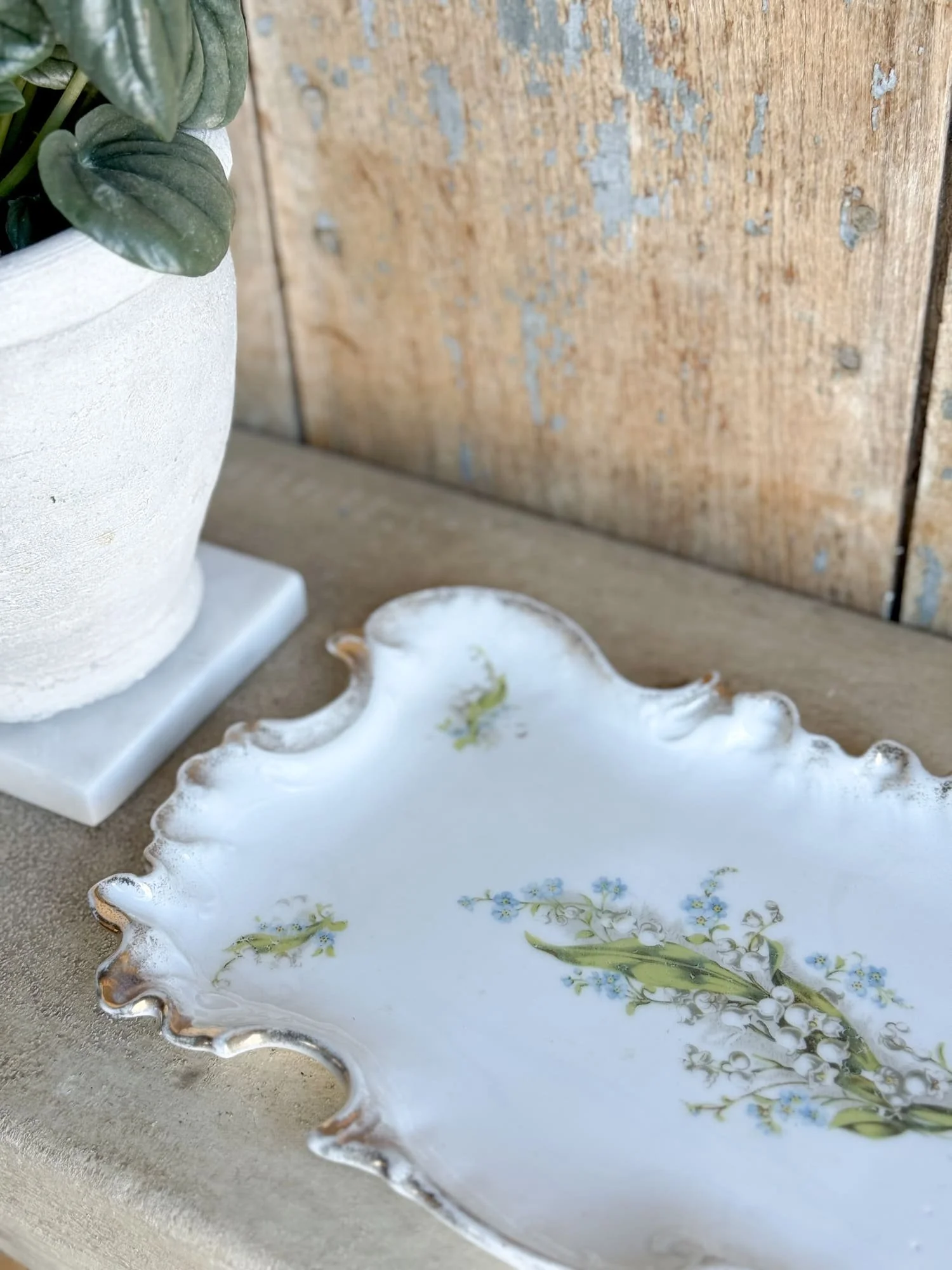 Antique Porcelain Lily of the Valley Vanity Dresser Tray | Floral Gilt Serving Tray