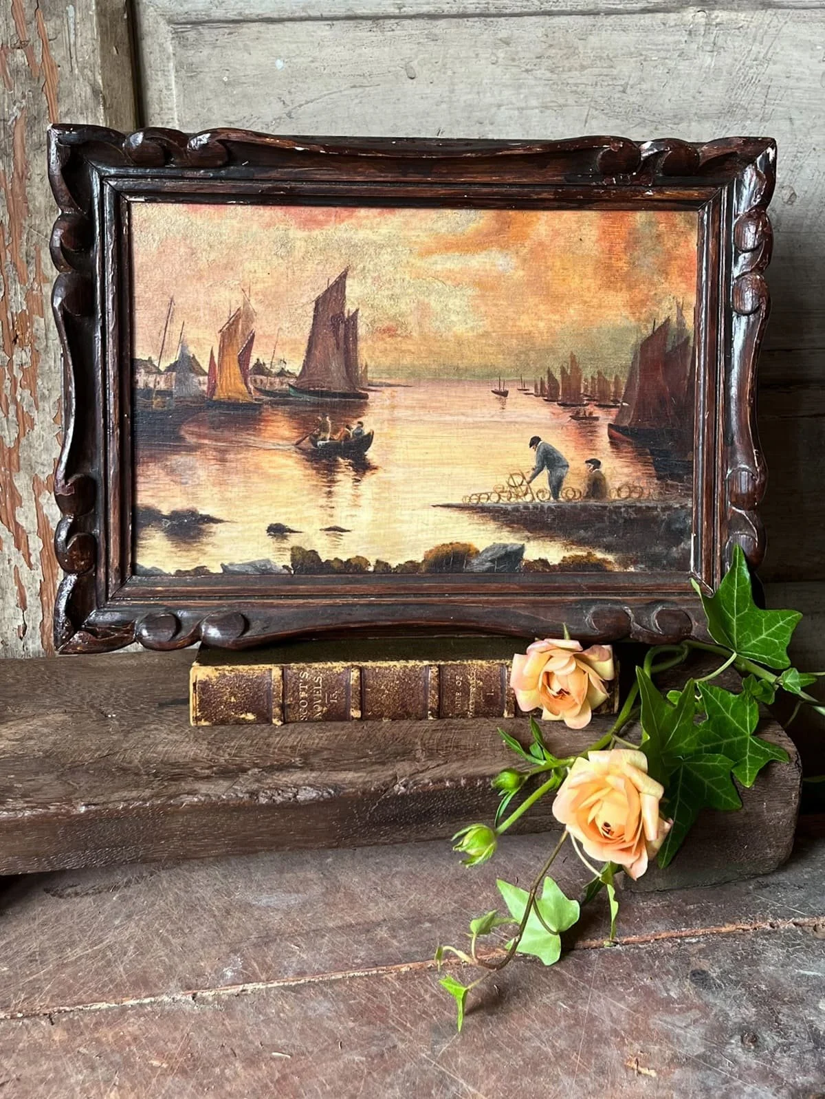 Vintage French Oil Painting Carved Wood Frame - Boats in Harbor at Sunset