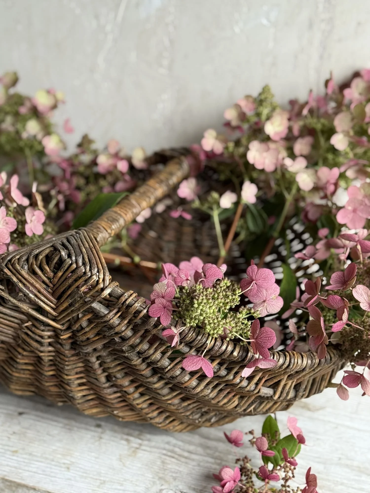 Antique French Willow Gathering Basket with Flat Wrapped Handle