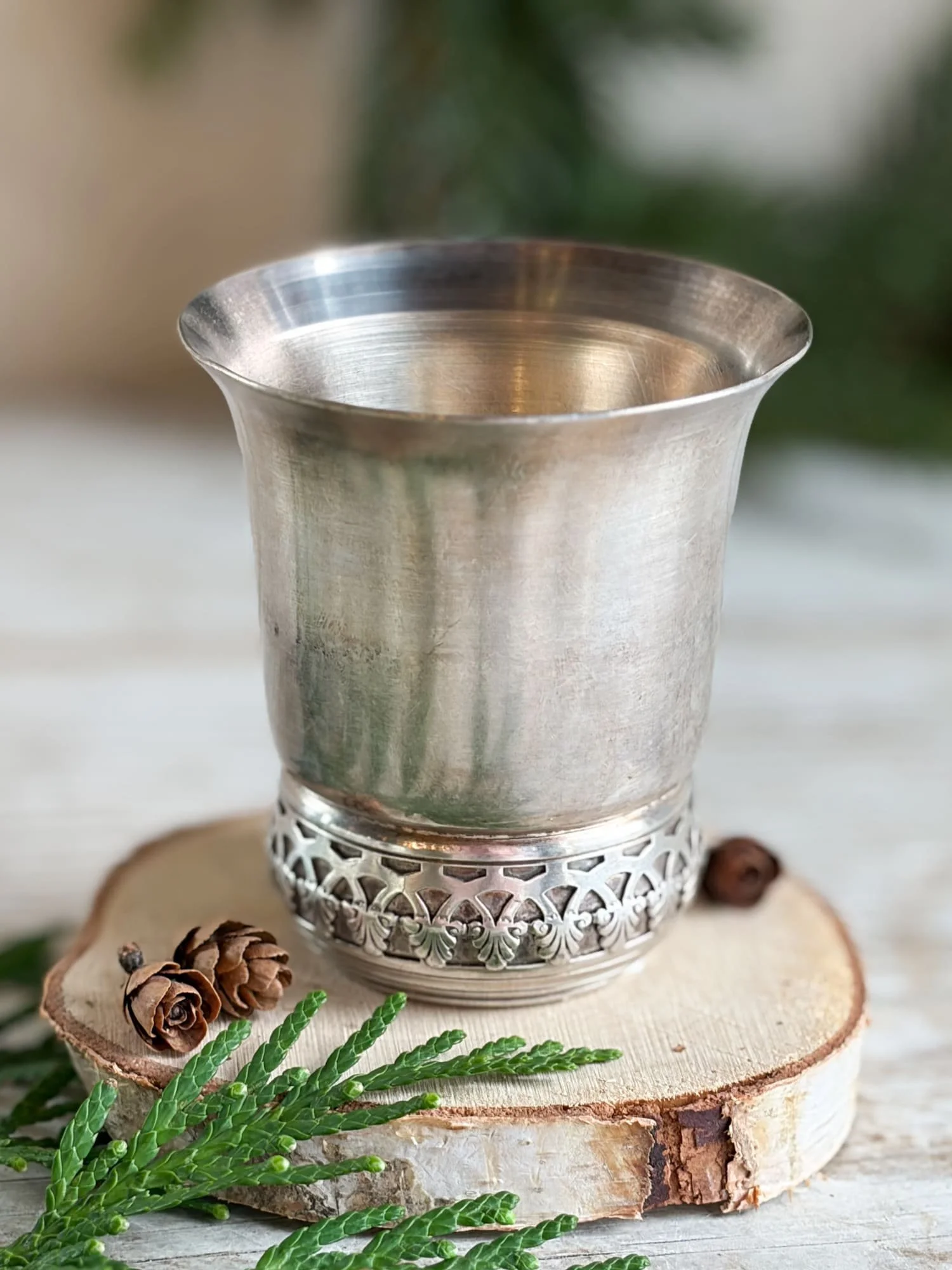Antique French Silver Plated Reticulated Leaf Wine Tumbler / Baby Christening Cup