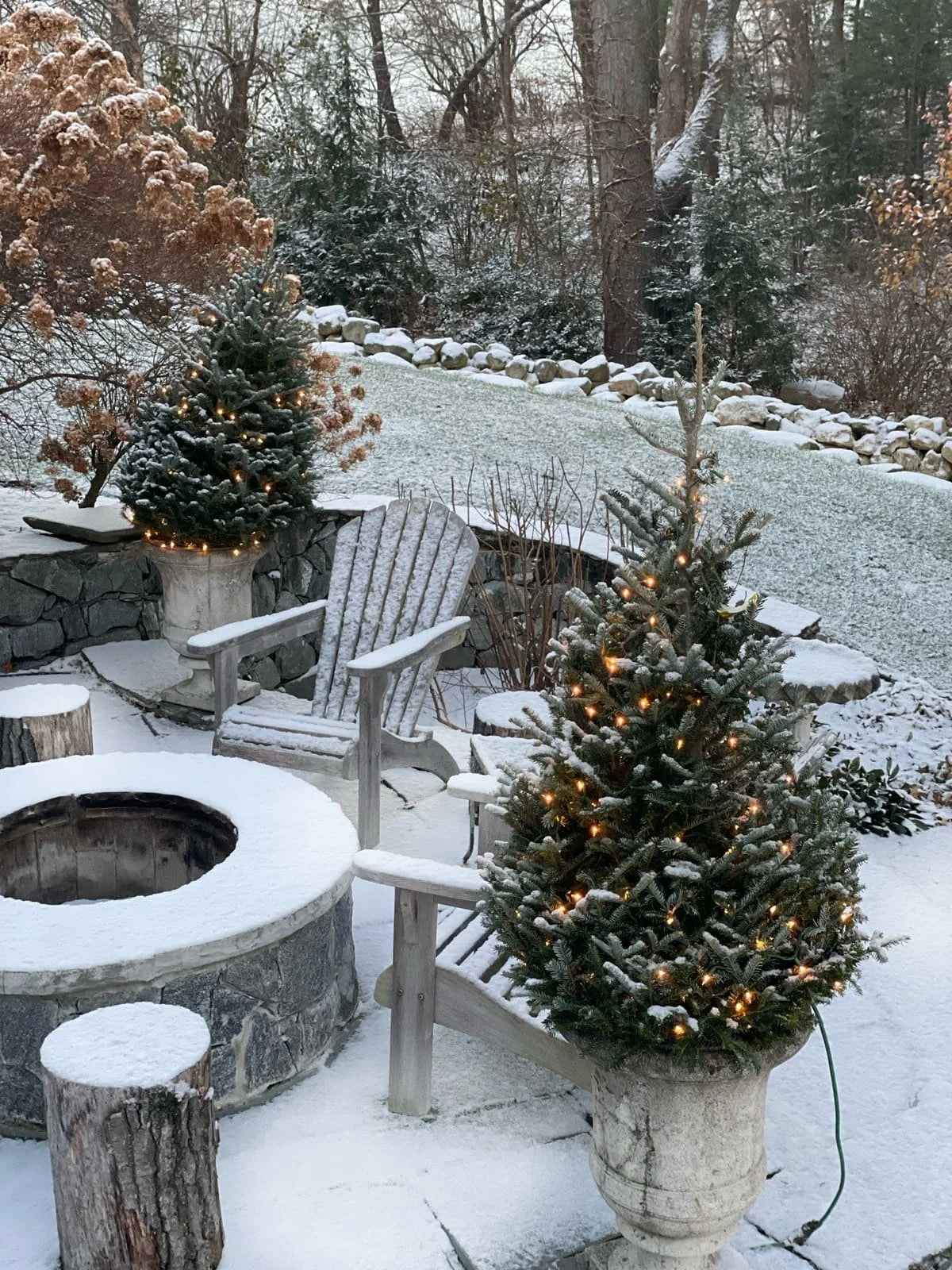 backyard firepit snow covered deck winter pine trees christmas lights