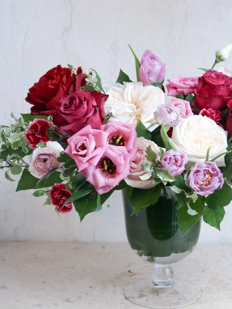 valentines day flowers red roses white garden roses pink flower arrangement delivery by Les Fleurs Andover MA