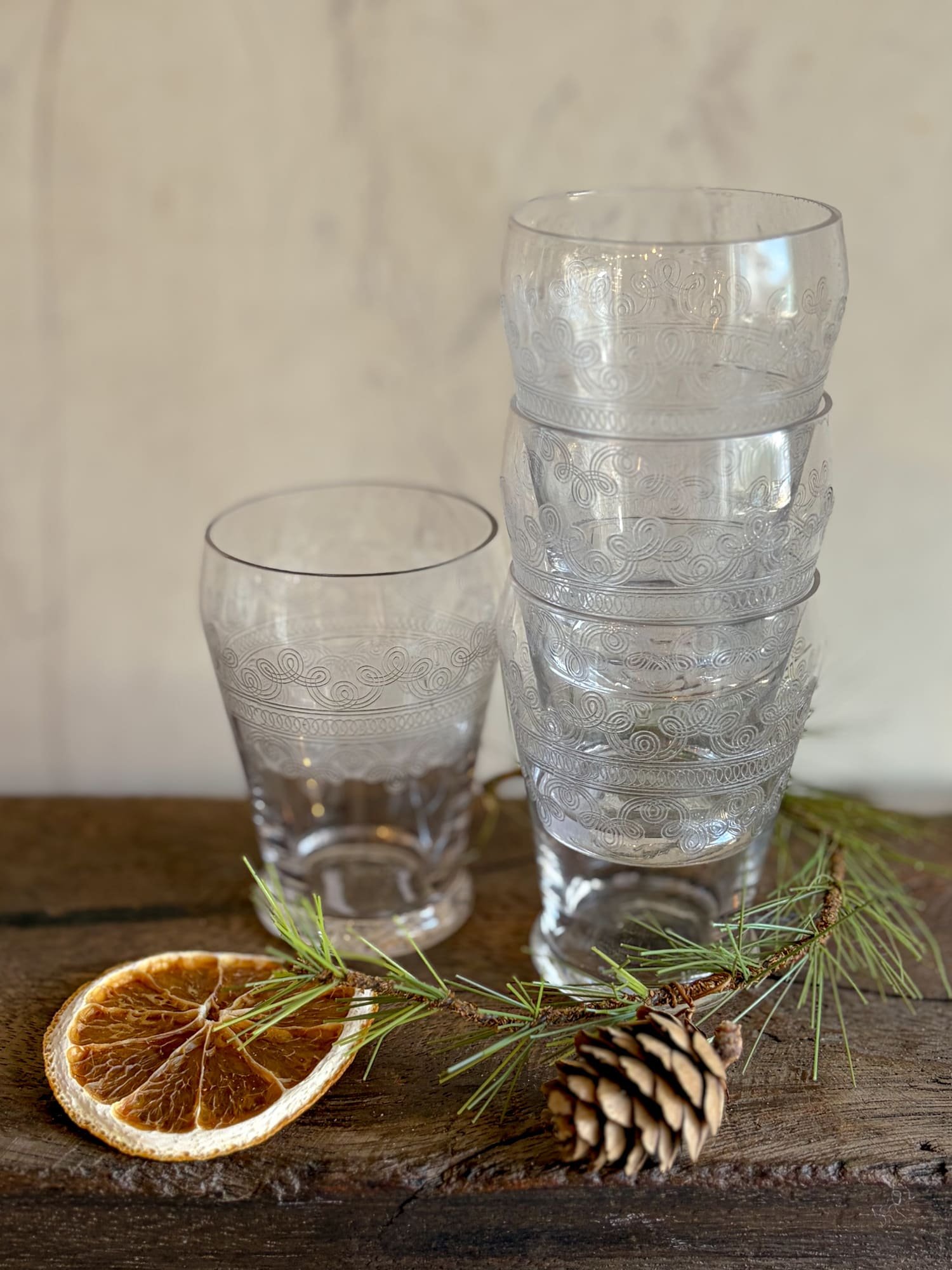 Vintage French Needle-Etched Glass Tumbler