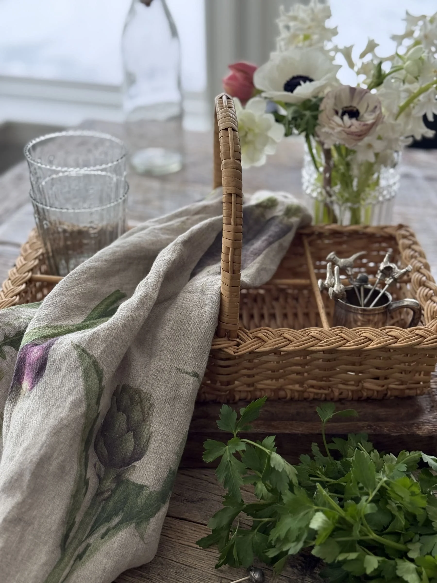 Vintage French Rattan Sectioned Serving Basket | Wicker Bottle Holder Caddy