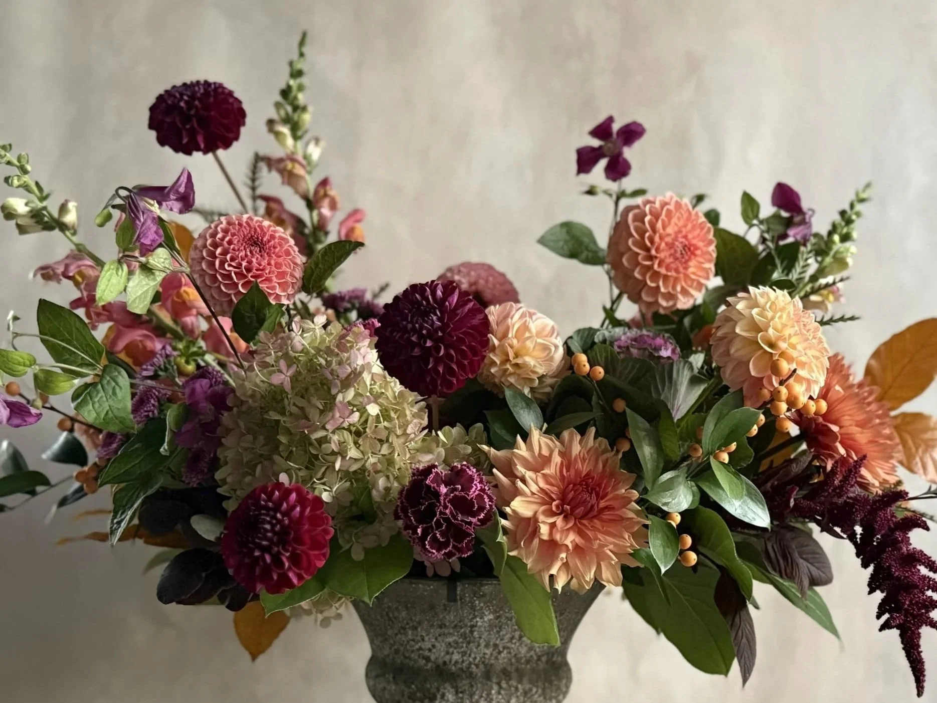 fall floral arrangement dahlia flowers vintage urn vase