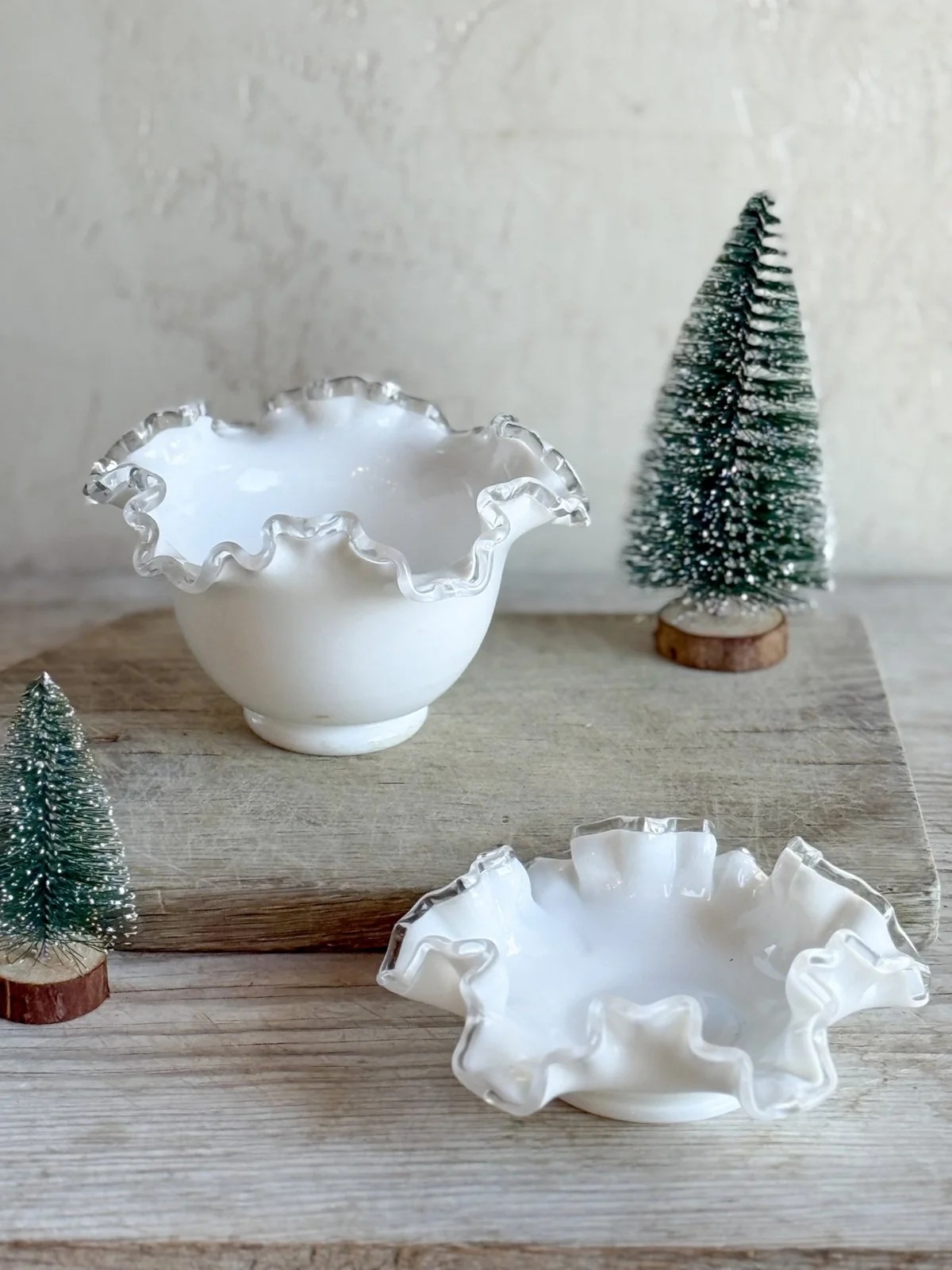 Vintage Fenton Milk Glass Silver Crest Ruffled Edge Bowl