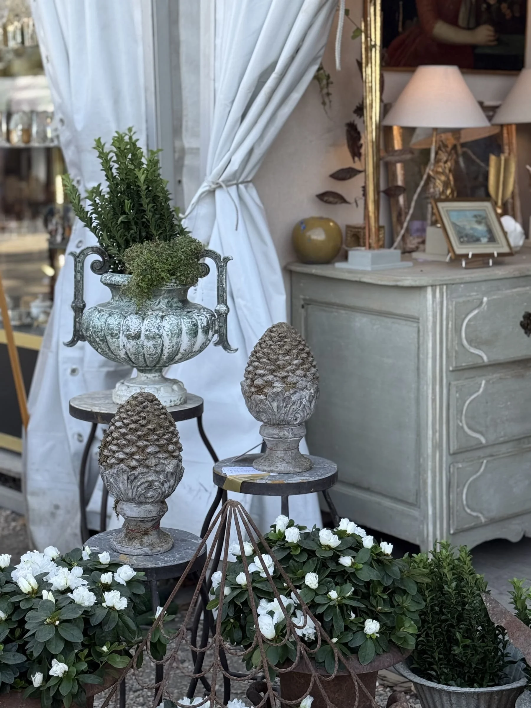 paris antique market french casr iron urns stone finials dresser lamp